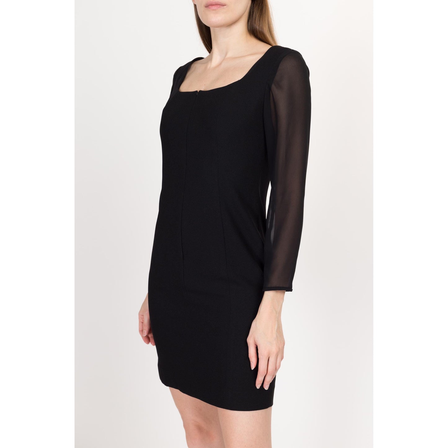 Small 90s Black Sheer Sleeve Mini Cocktail Dress | Vintage Zip Front Long Sleeve Square Neck Dress