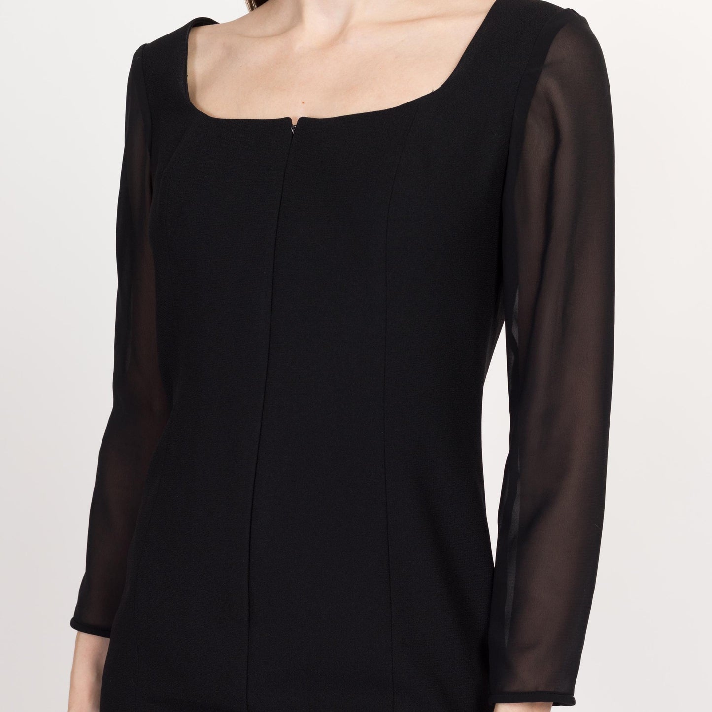 Small 90s Black Sheer Sleeve Mini Cocktail Dress | Vintage Zip Front Long Sleeve Square Neck Dress