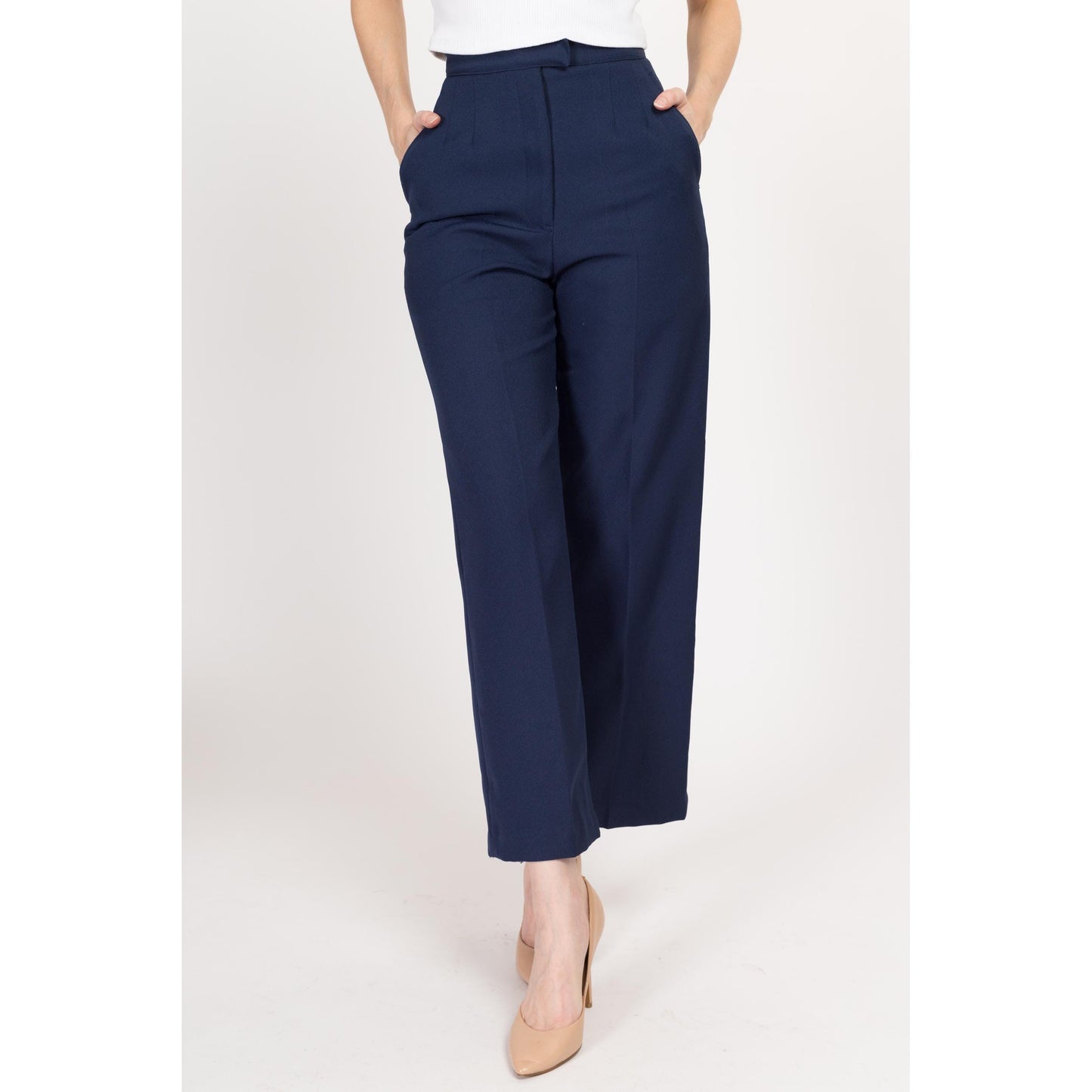 XS 70s Navy Blue High Waisted Trousers 25" | Vintage Pleated Straight Leg Pants