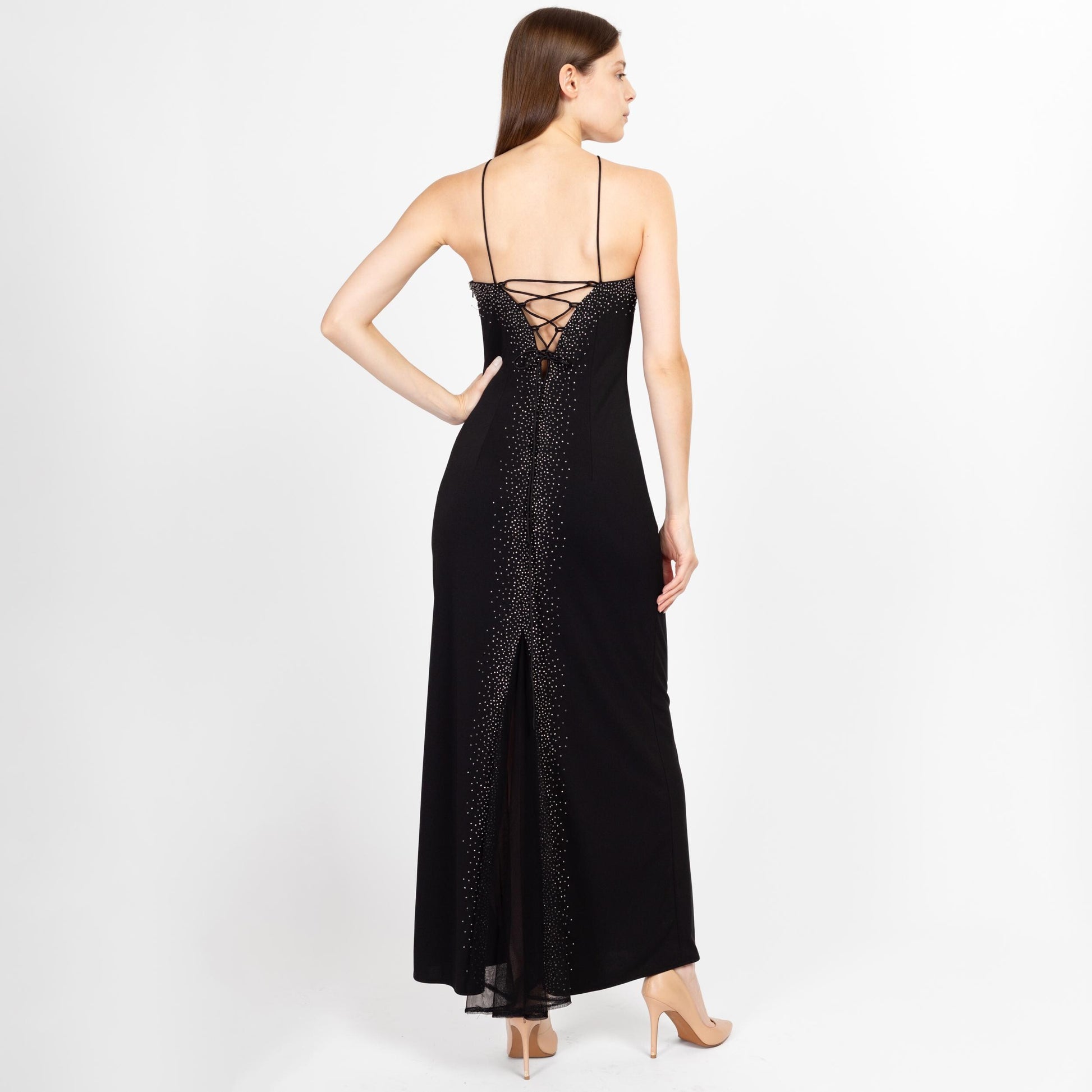 Small 90s Dave & Johnny Black Beaded Low Back Maxi Dress | Vintage Sleeveless Slinky Sexy Formal Gown