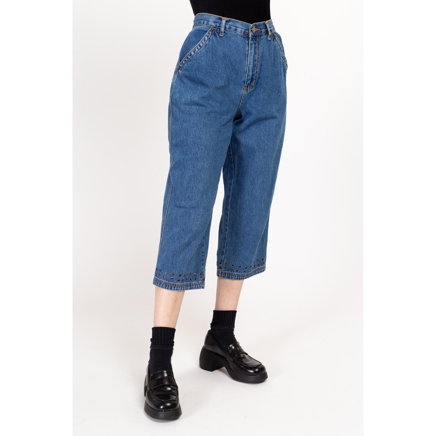 Medium 90s Capri Grommet Jeans | Vintage High Waisted Cropped Denim Elastic Mom Jeans