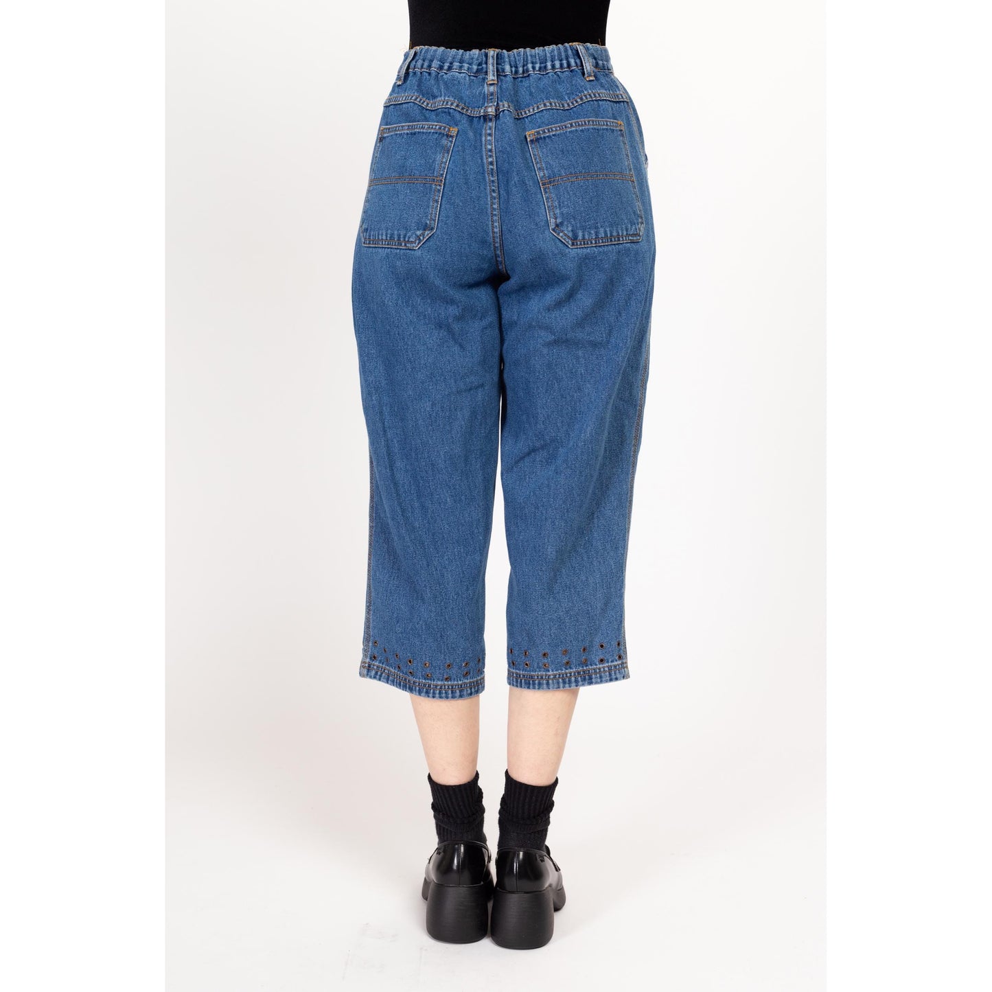 Medium 90s Capri Grommet Jeans | Vintage High Waisted Cropped Denim Elastic Mom Jeans