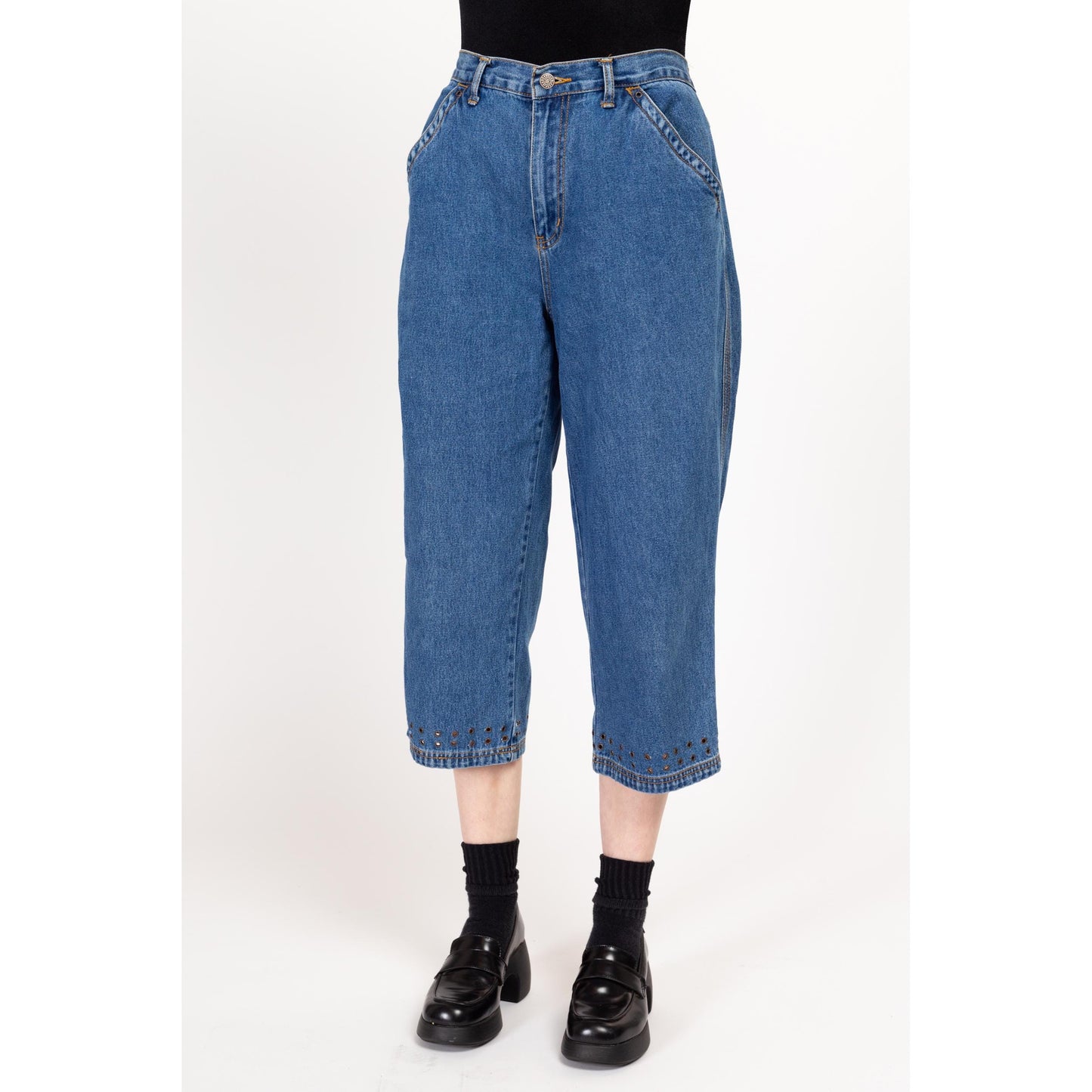 Medium 90s Capri Grommet Jeans | Vintage High Waisted Cropped Denim Elastic Mom Jeans