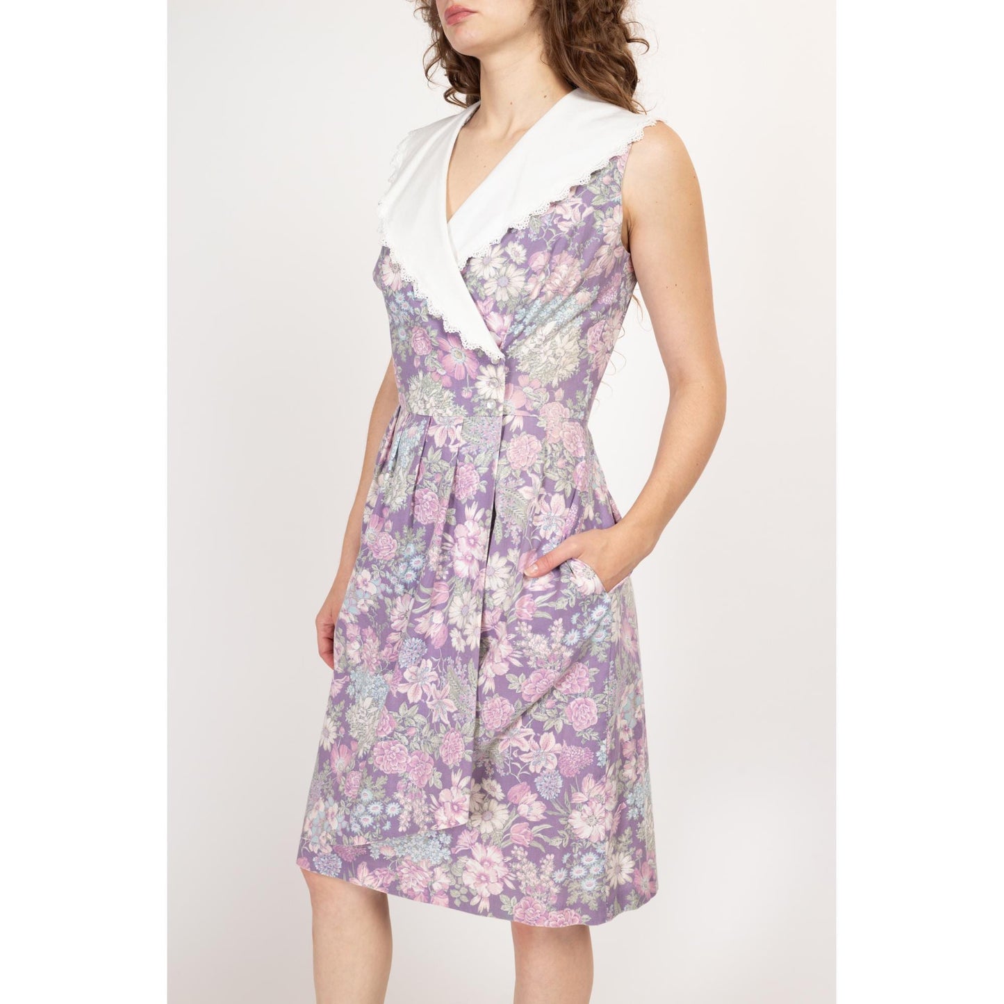 Petite Large 80s Lanz Purple Floral Sailor Collar Wrap Dress | Vintage Grunge Lace Trim Sleeveless Midi Dress