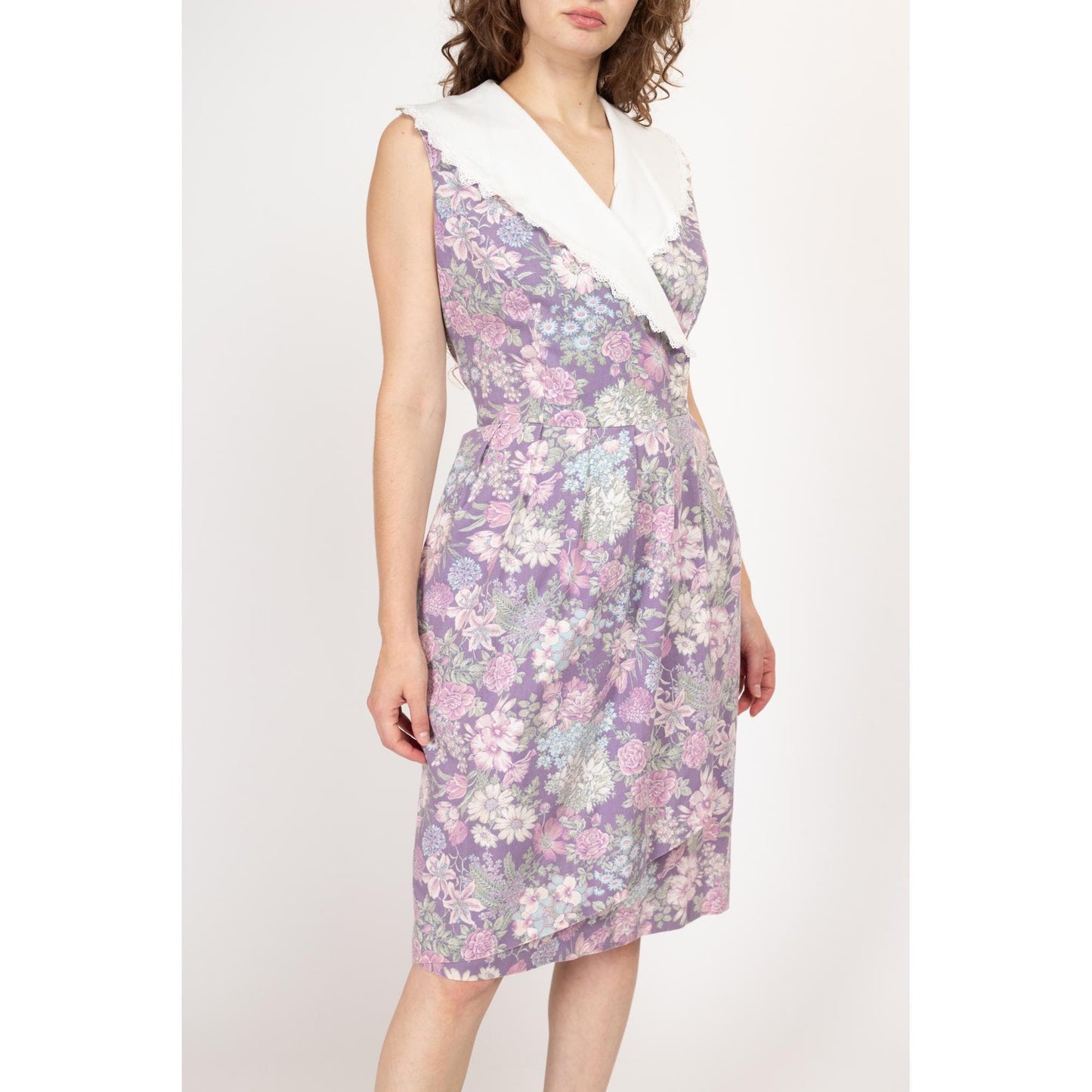 Petite Large 80s Lanz Purple Floral Sailor Collar Wrap Dress | Vintage Grunge Lace Trim Sleeveless Midi Dress