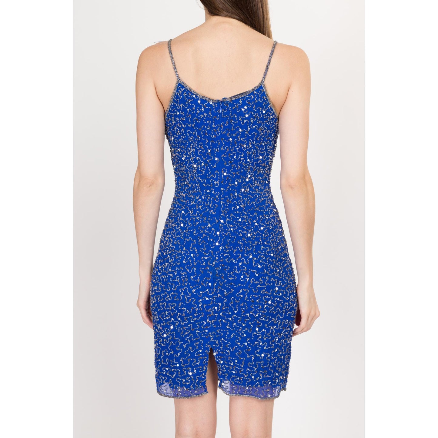 Small 90s Royal Blue Silk Beaded Cocktail Party Dress Size 4 | Vintage Roberta Spaghetti Strap Sequin Mini Dress