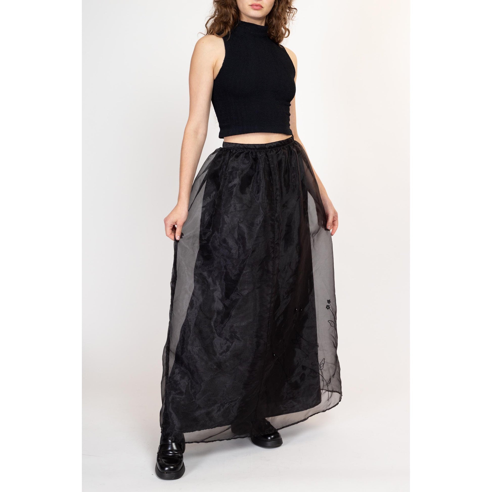 Sm-Med 80s Black Organza Floral Maxi Skirt 28" | Vintage Sheer Formal High Waisted Full Skirt