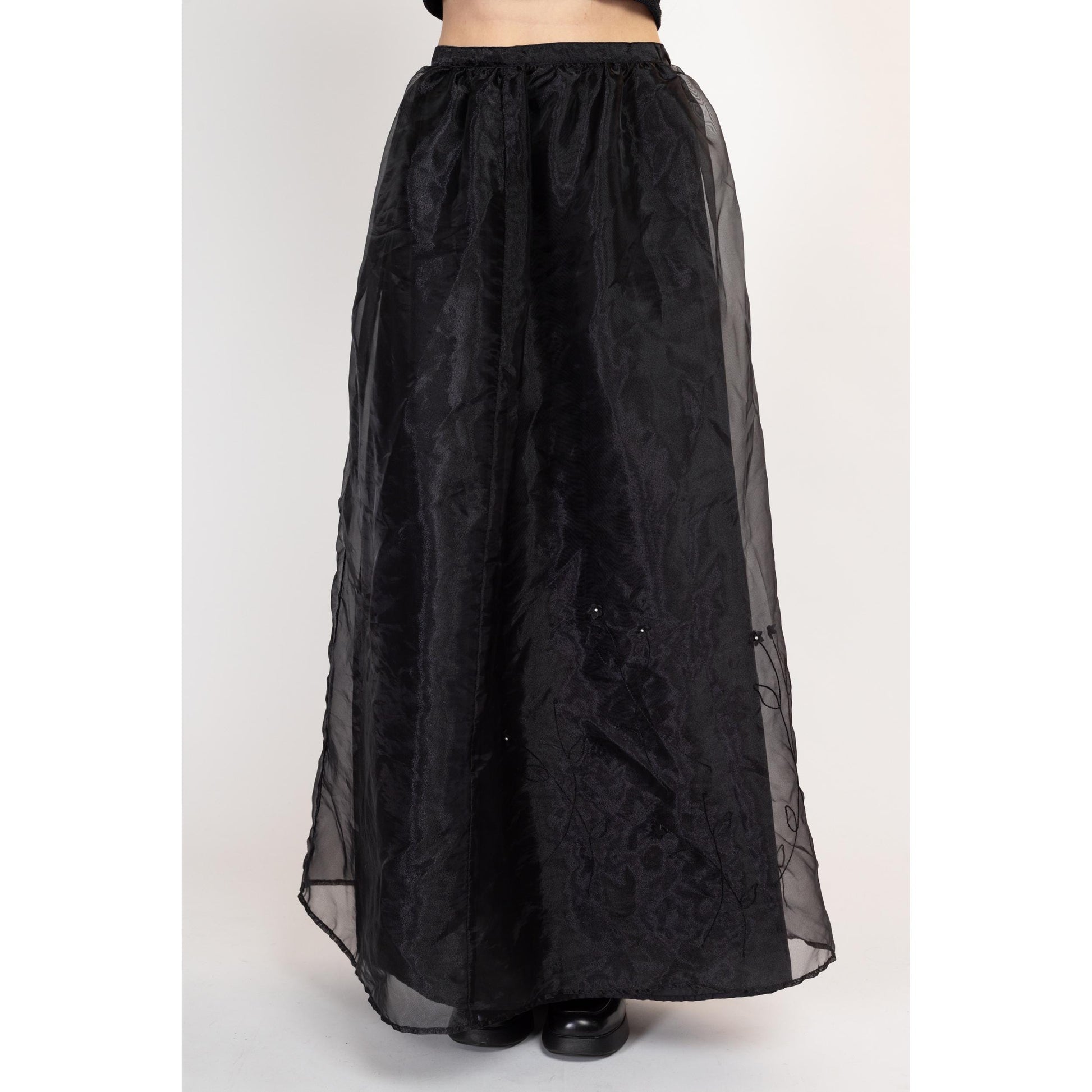 Sm-Med 80s Black Organza Floral Maxi Skirt 28" | Vintage Sheer Formal High Waisted Full Skirt