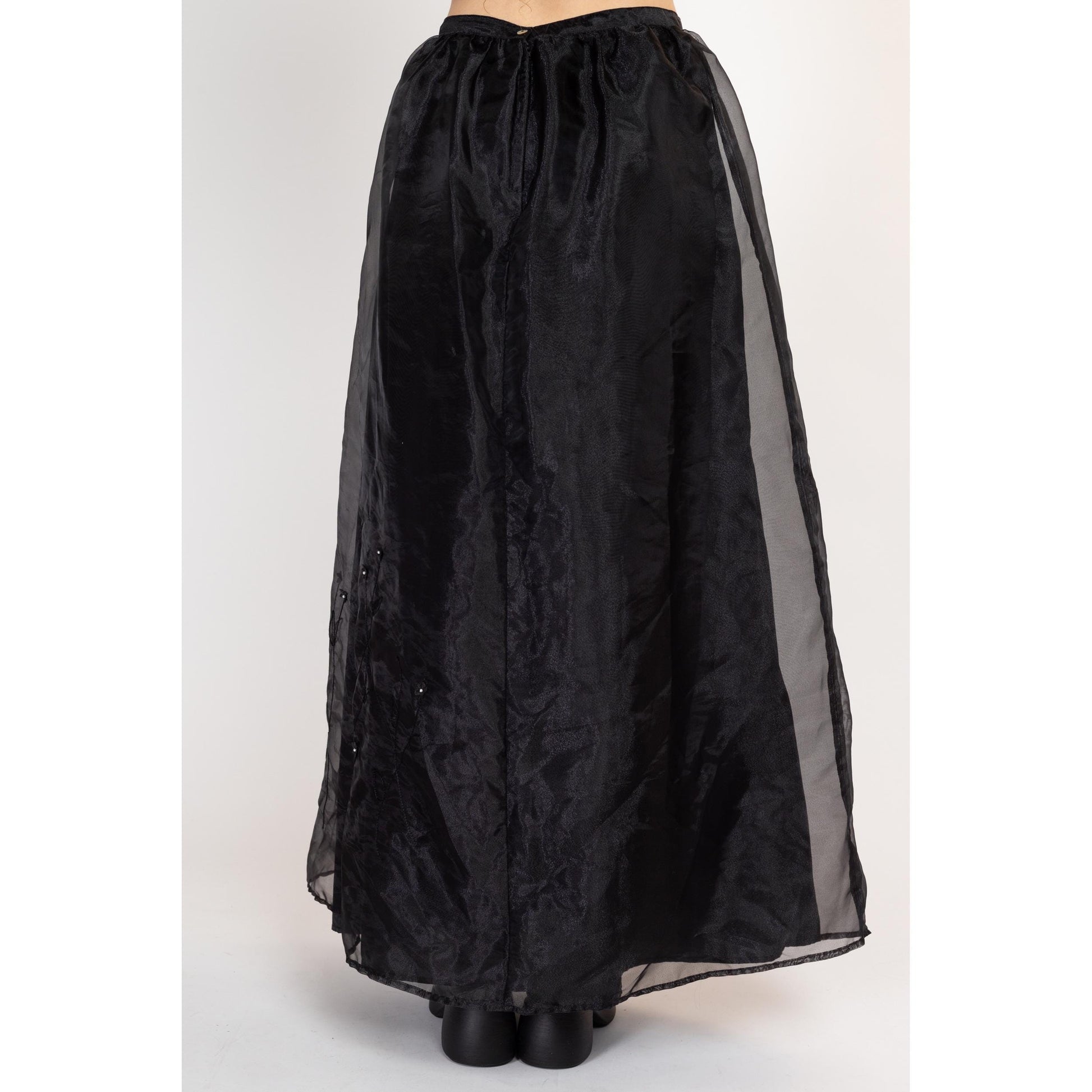 Sm-Med 80s Black Organza Floral Maxi Skirt 28" | Vintage Sheer Formal High Waisted Full Skirt