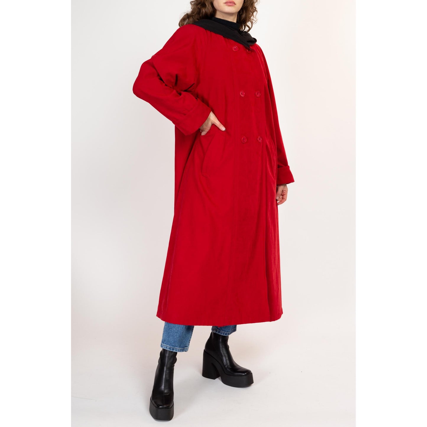 Large 90s Red Ultrasuede Hooded Trench Coat | Vintage Lined Double Breasted Button Up Long Jacket