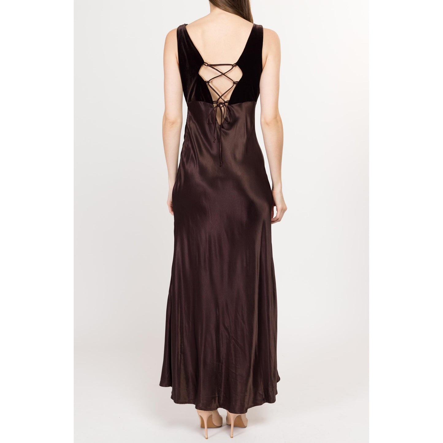 Sm-Med 90s Rampage Chocolate Brown Low Back Lace Up Maxi Party Dress Size 7 | Vintage Velvet Satin Bias Cut A Line Formal Gown