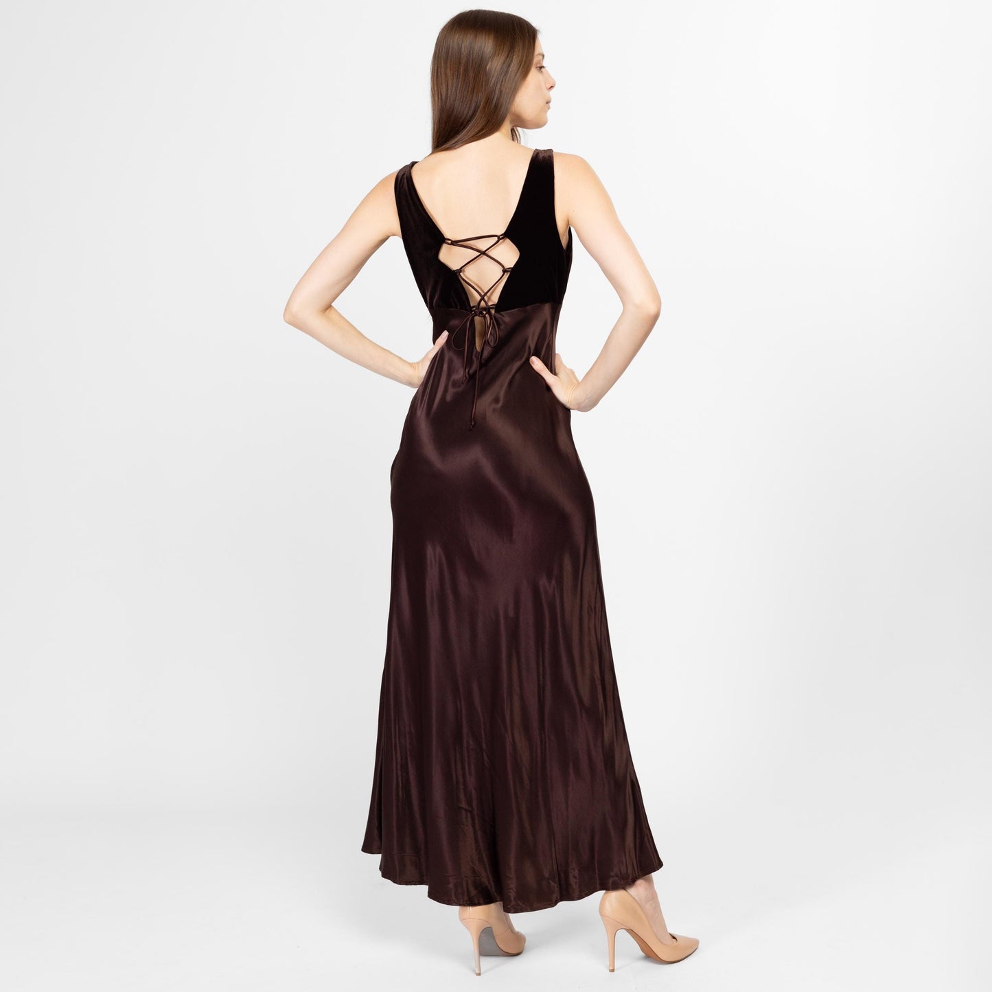 Sm-Med 90s Rampage Chocolate Brown Low Back Lace Up Maxi Party Dress Size 7 | Vintage Velvet Satin Bias Cut A Line Formal Gown