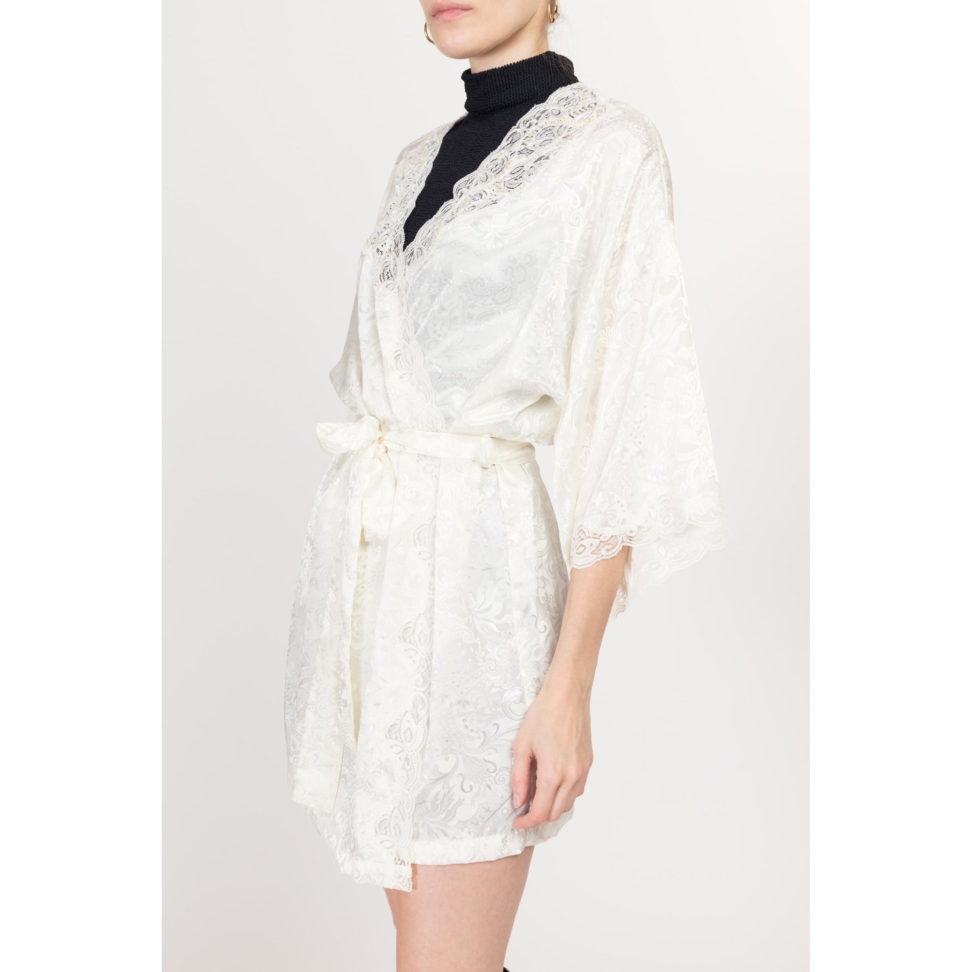 One Size 90s Victoria's Secret White Lace & Beaded Trim Robe | Vintage Boho Jacquard Dressing Gown Mini Loungewear Bridal Kimono
