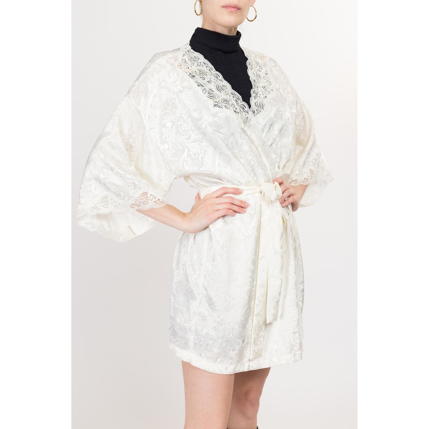 One Size 90s Victoria's Secret White Lace & Beaded Trim Robe | Vintage Boho Jacquard Dressing Gown Mini Loungewear Bridal Kimono