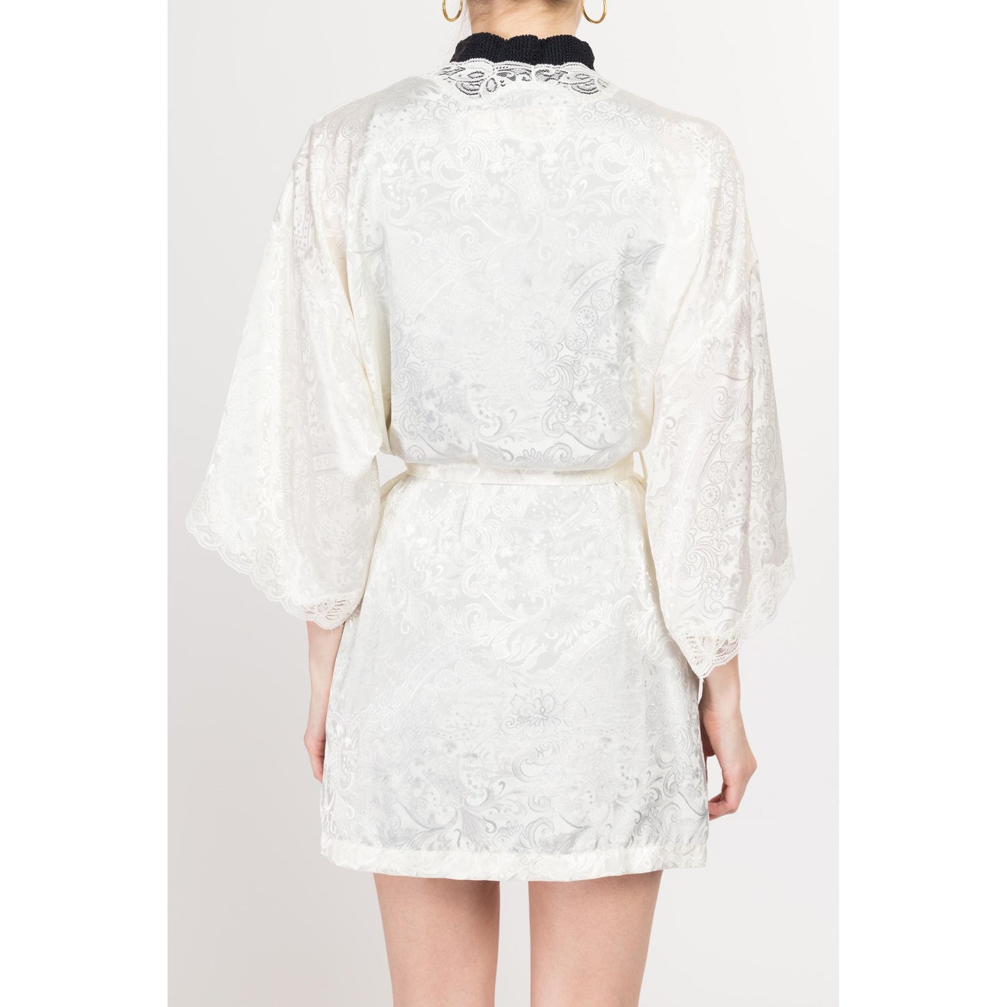One Size 90s Victoria's Secret White Lace & Beaded Trim Robe | Vintage Boho Jacquard Dressing Gown Mini Loungewear Bridal Kimono
