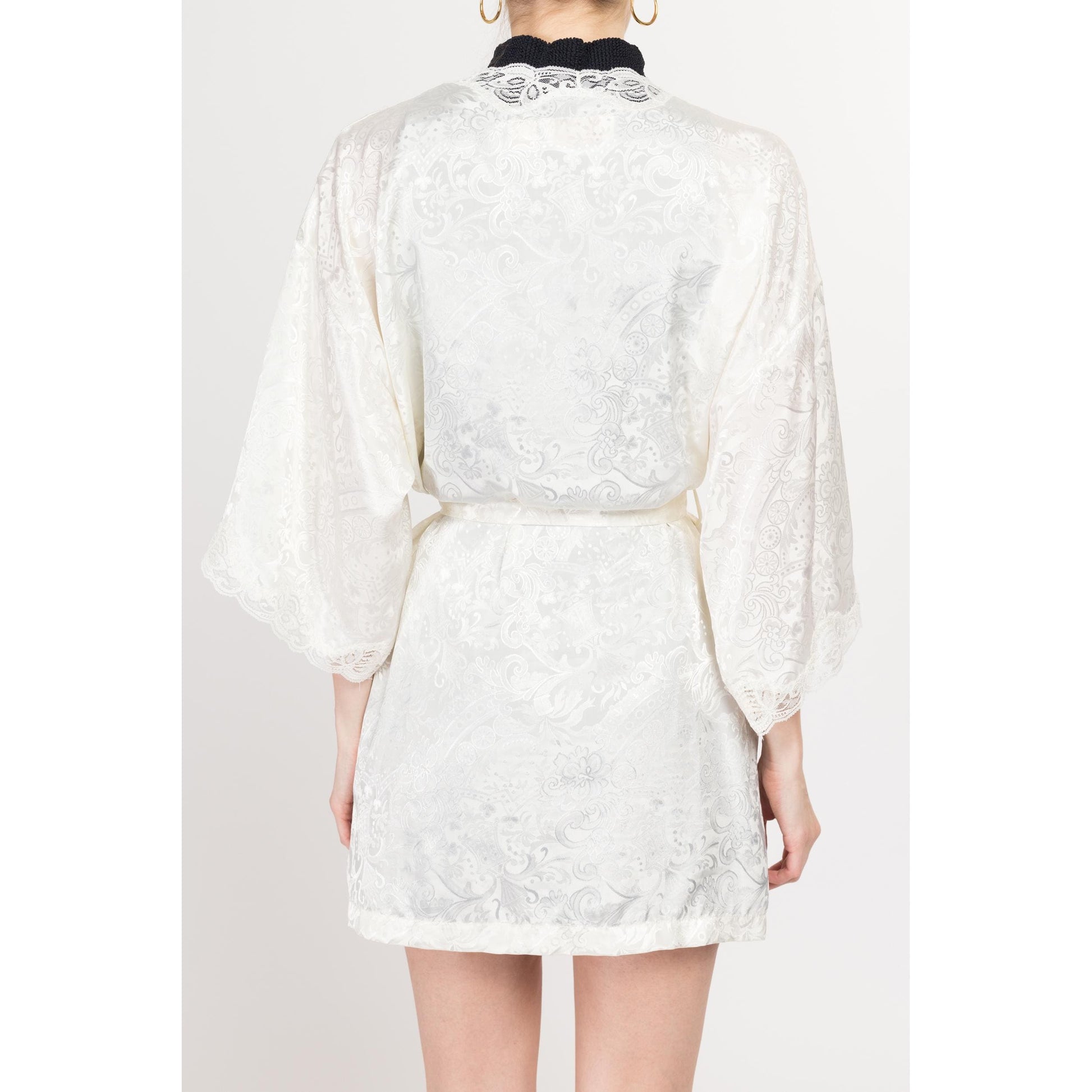 One Size 90s Victoria's Secret White Lace & Beaded Trim Robe | Vintage Boho Jacquard Dressing Gown Mini Loungewear Bridal Kimono