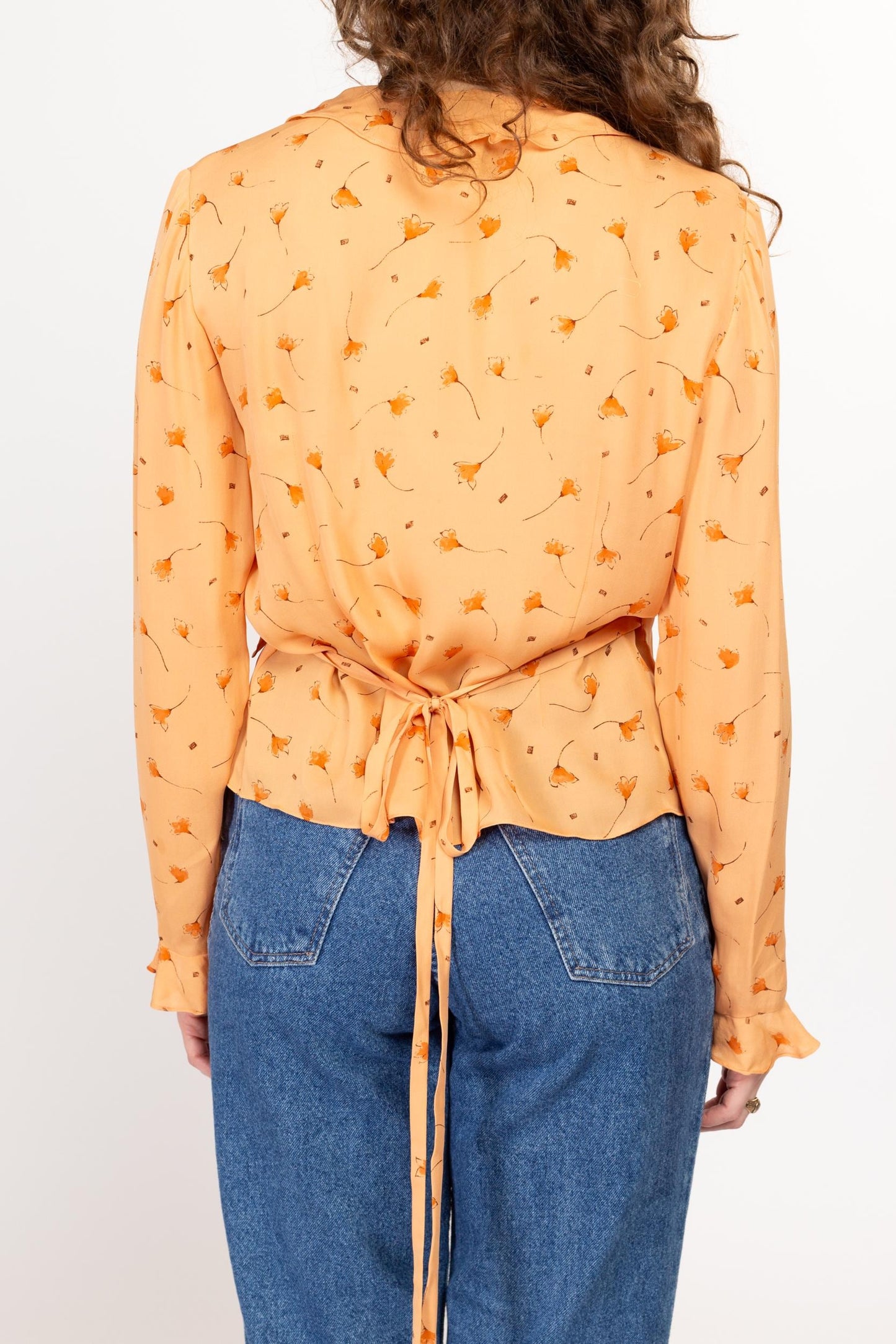Medium 90s Orange Silk Windy Floral Wrap Blouse Size 10 | Vintage Long Sleeve Ruffle Trim Top