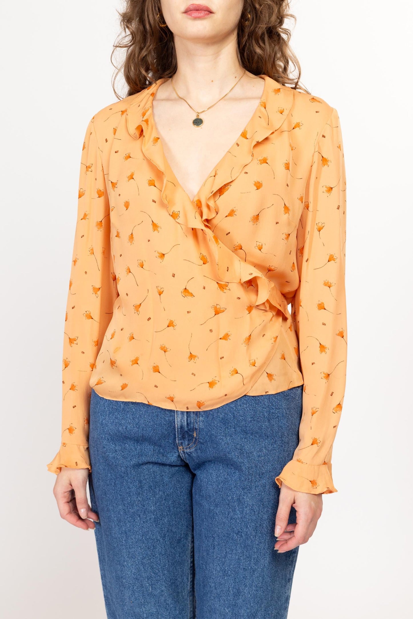 Medium 90s Orange Silk Windy Floral Wrap Blouse Size 10 | Vintage Long Sleeve Ruffle Trim Top
