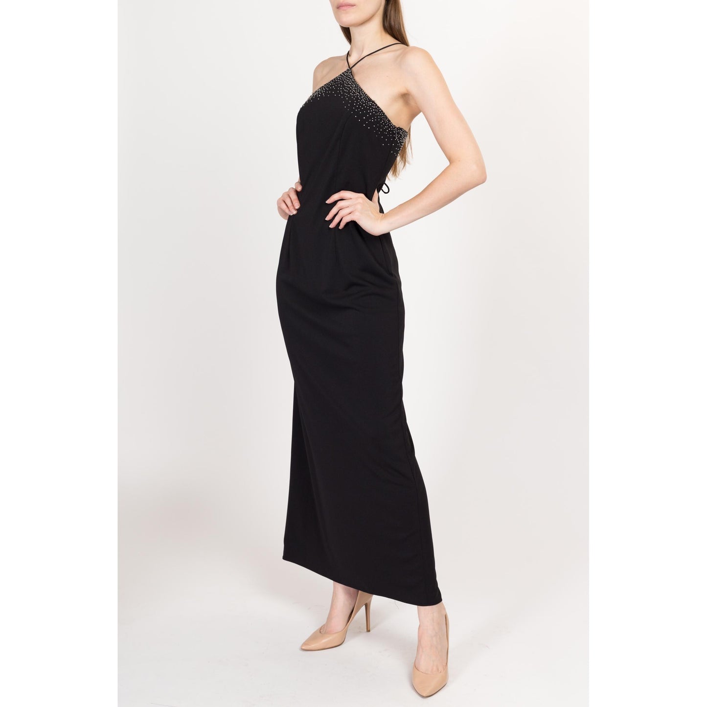 Small 90s Dave & Johnny Black Beaded Low Back Maxi Dress | Vintage Sleeveless Slinky Sexy Formal Gown