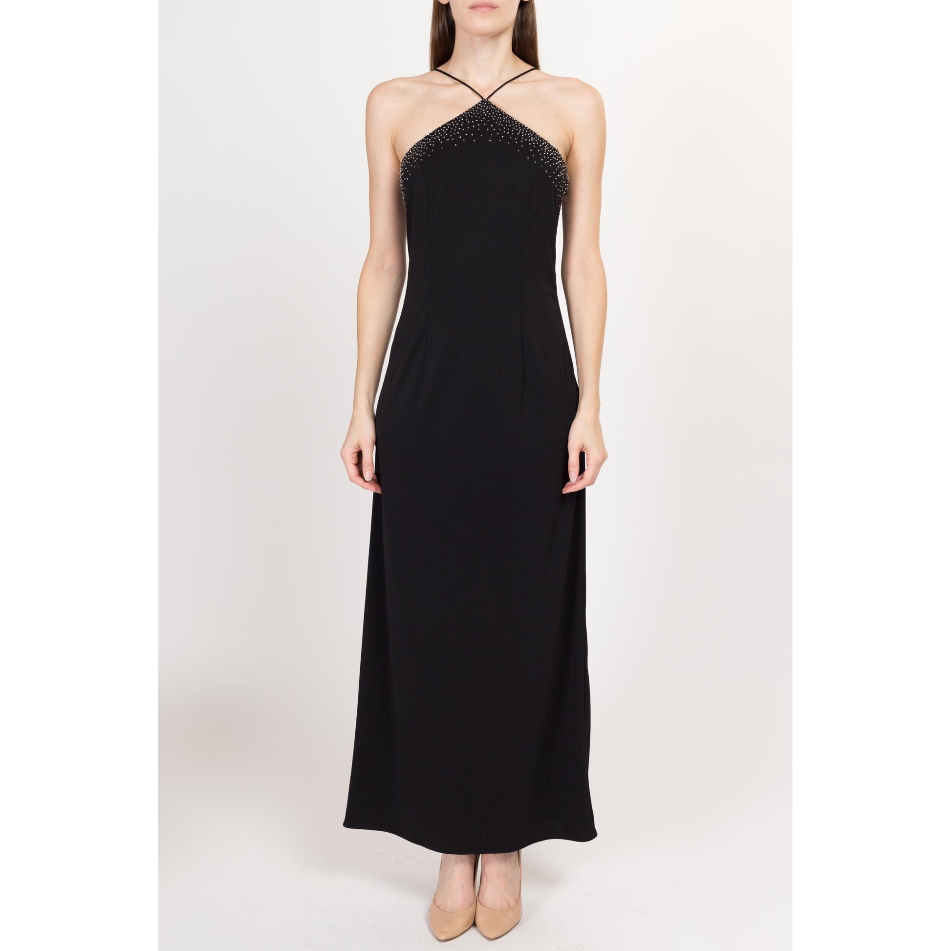 Small 90s Dave & Johnny Black Beaded Low Back Maxi Dress | Vintage Sleeveless Slinky Sexy Formal Gown