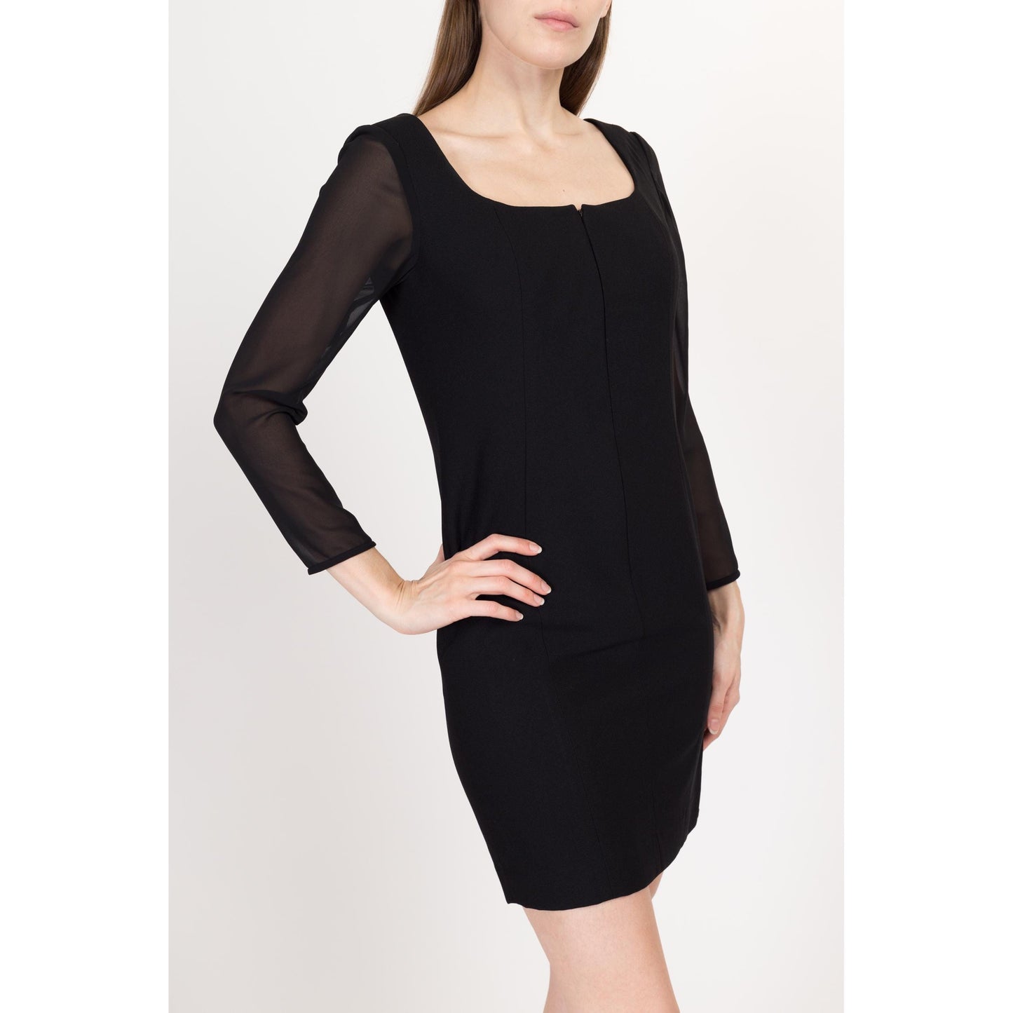 Small 90s Black Sheer Sleeve Mini Cocktail Dress | Vintage Zip Front Long Sleeve Square Neck Dress