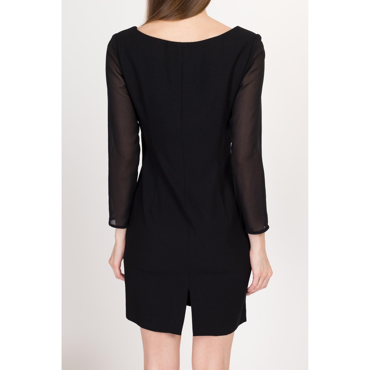 Small 90s Black Sheer Sleeve Mini Cocktail Dress | Vintage Zip Front Long Sleeve Square Neck Dress