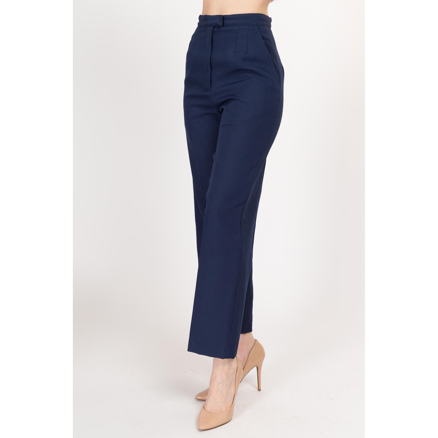 XS 70s Navy Blue High Waisted Trousers 25" | Vintage Pleated Straight Leg Pants