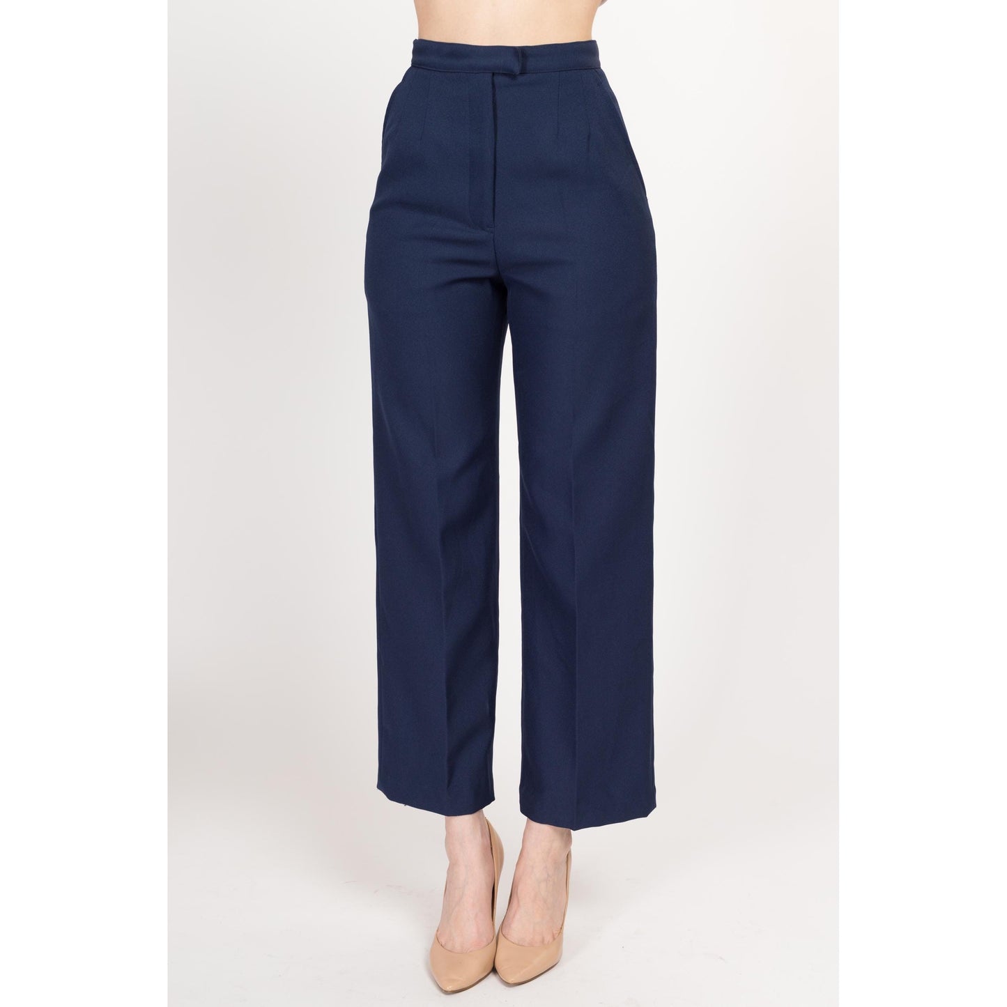 XS 70s Navy Blue High Waisted Trousers 25" | Vintage Pleated Straight Leg Pants