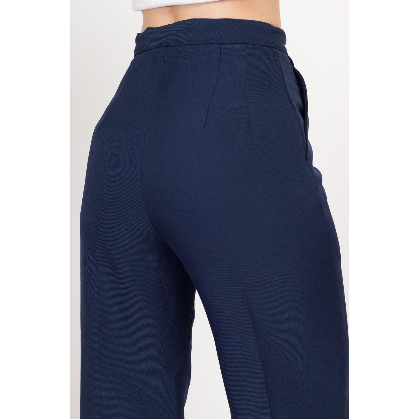 XS 70s Navy Blue High Waisted Trousers 25" | Vintage Pleated Straight Leg Pants