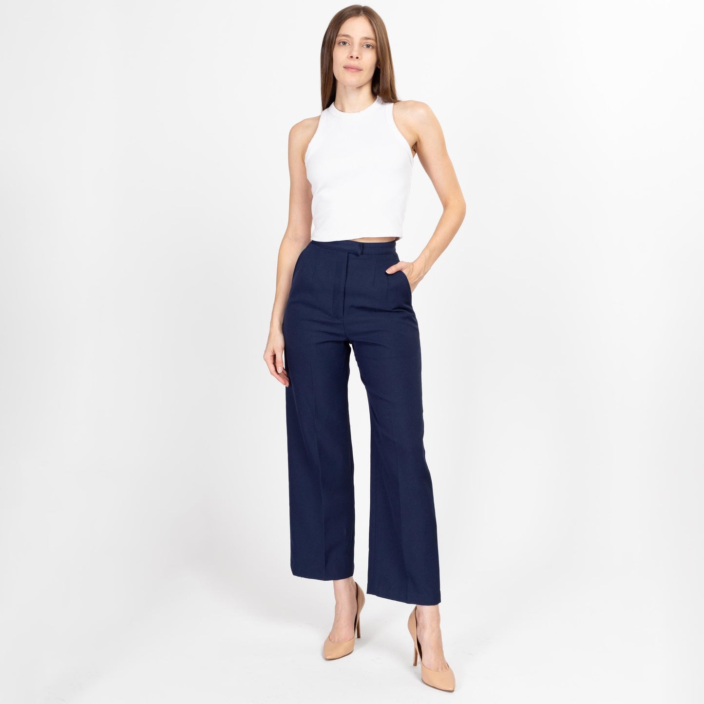 XS 70s Navy Blue High Waisted Trousers 25" | Vintage Pleated Straight Leg Pants
