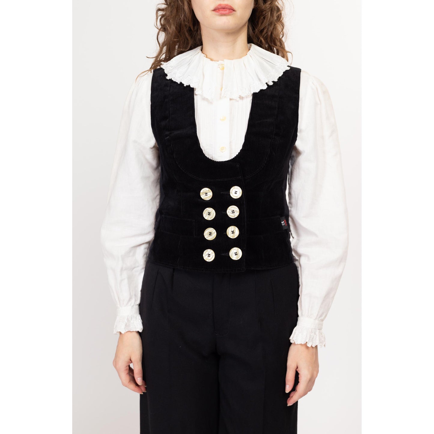 Small Vintage FHB Black Corduroy Guild Vest | 90s Y2K Scoop Neck Doubled Breasted Sleeveless Workwear Steampunk Top