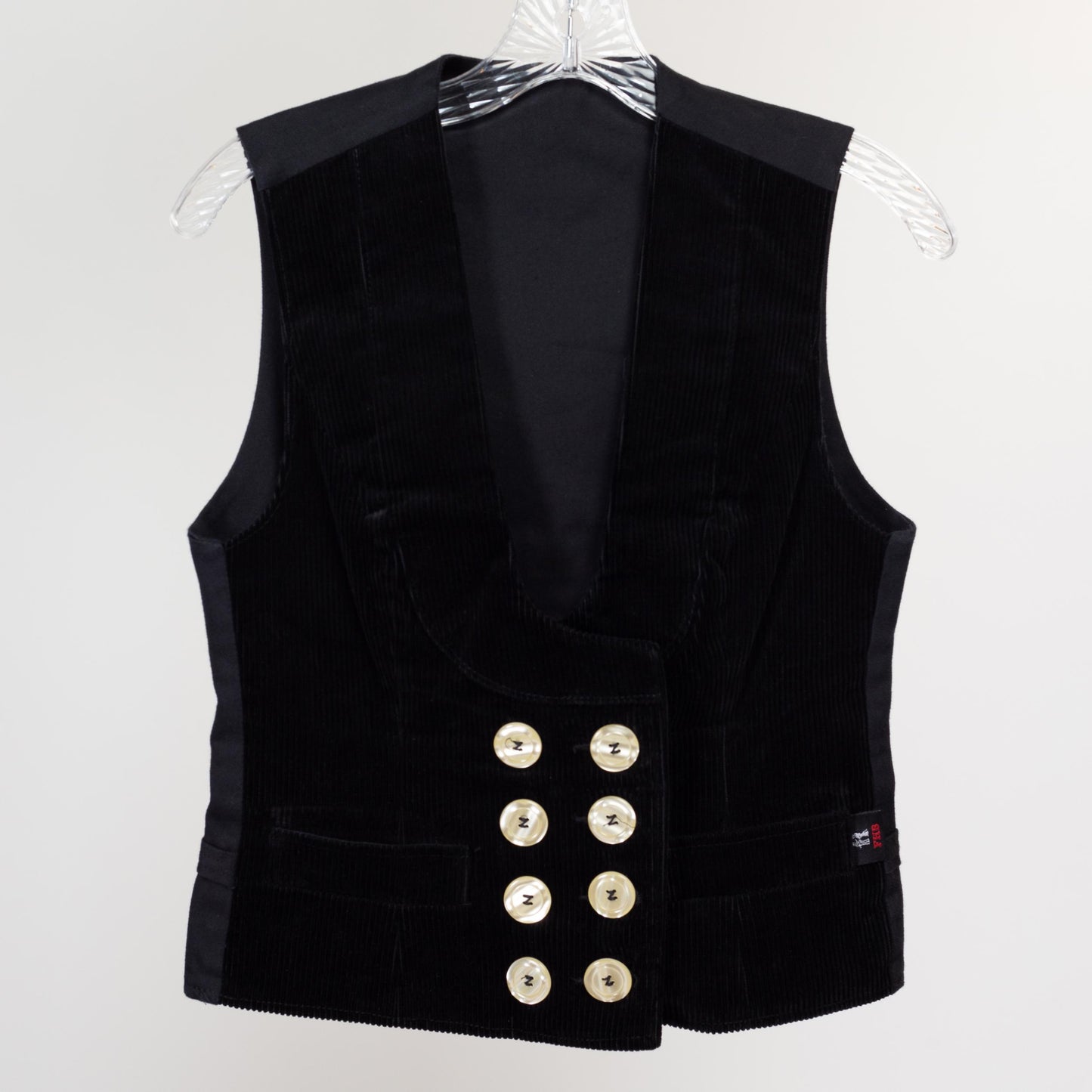 Small Vintage FHB Black Corduroy Guild Vest | 90s Y2K Scoop Neck Doubled Breasted Sleeveless Workwear Steampunk Top