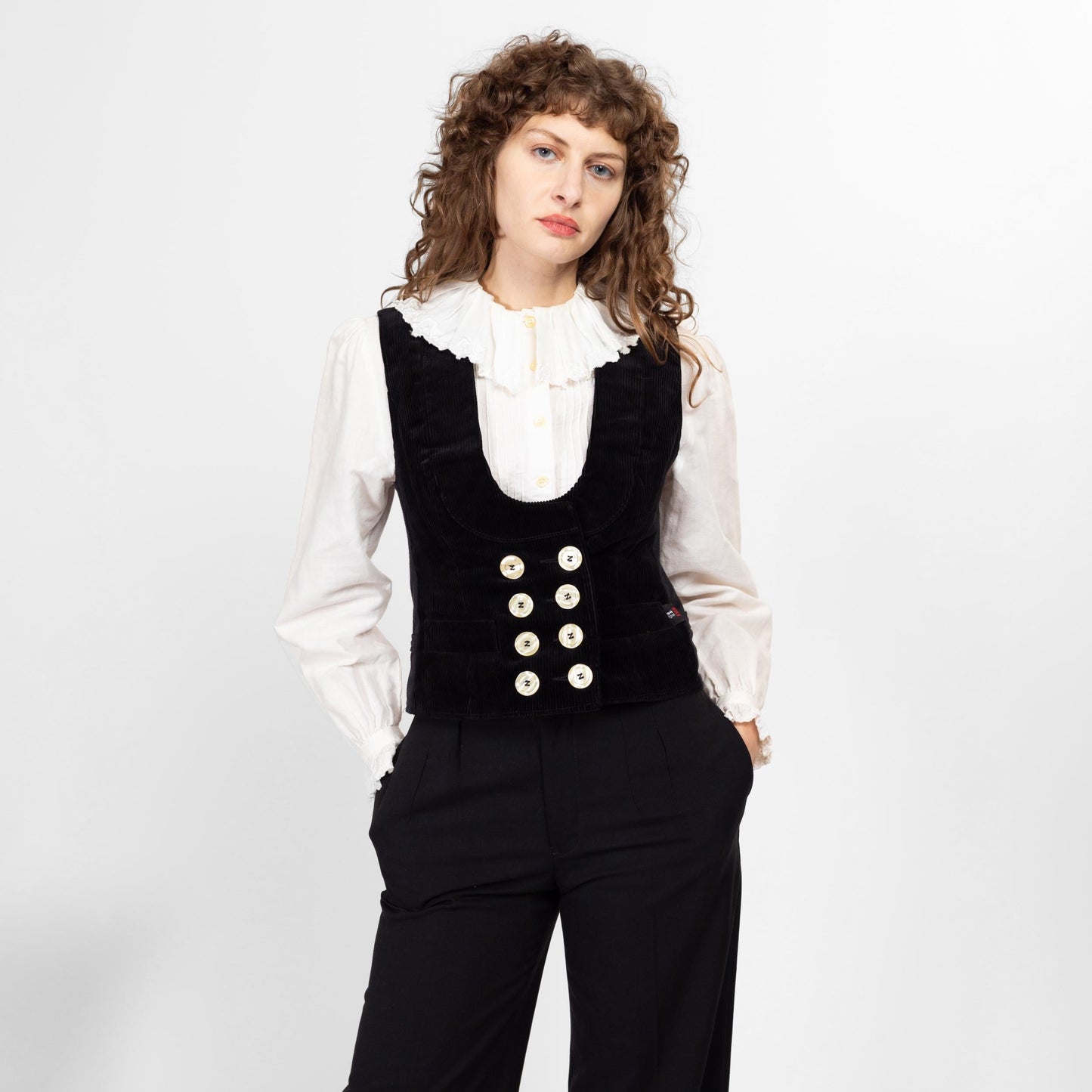 Small Vintage FHB Black Corduroy Guild Vest | 90s Y2K Scoop Neck Doubled Breasted Sleeveless Workwear Steampunk Top