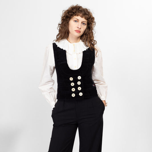 Small Vintage FHB Black Corduroy Guild Vest | 90s Y2K Scoop Neck Doubled Breasted Sleeveless Workwear Steampunk Top