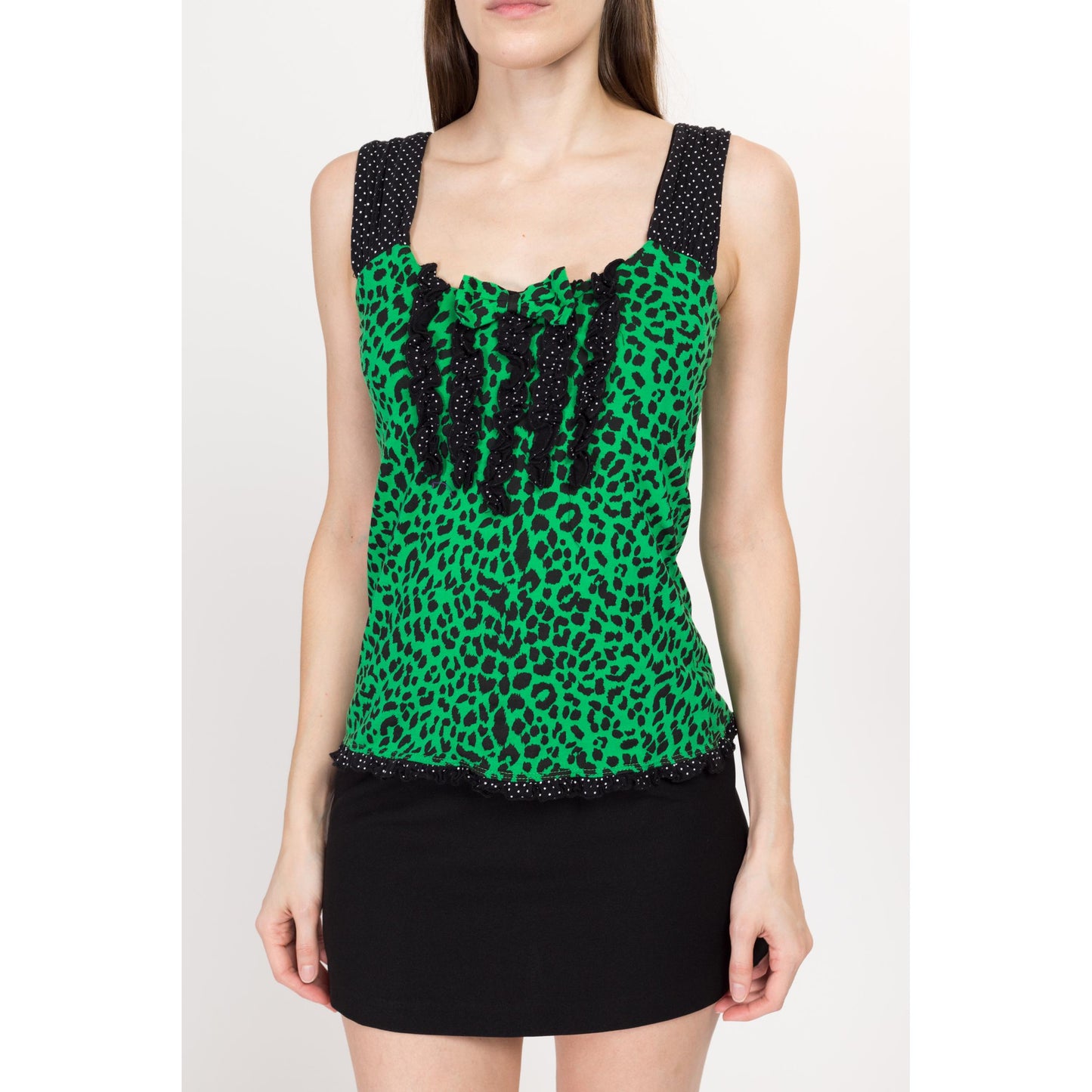 XS Y2K Green & Black Leopard Print Top | Vintage 2000s Lettuce Hem Animal Print Tank
