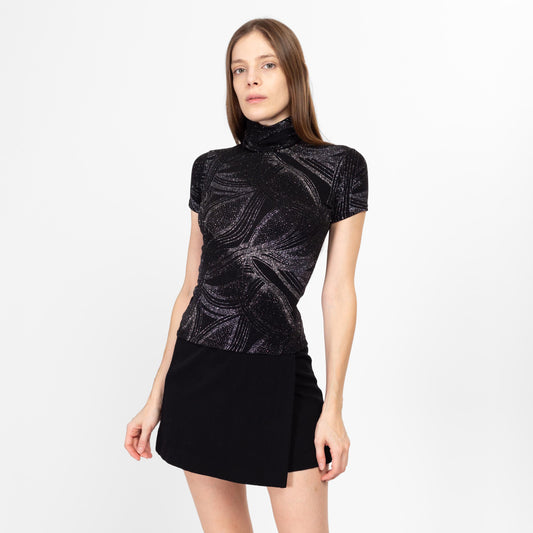 XS 90s Black & Silver Galaxy Glitter Top | Vintage Gothic Stretchy Sparkle Turtleneck Shirt