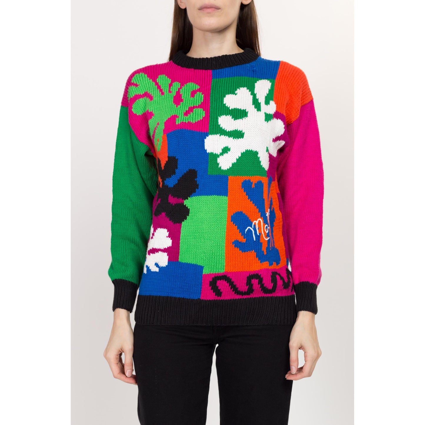 Small 90s Matisse Paper Cut-Outs Color Block Knit Sweater | Vintage Colorful Cotton Pullover Sweater