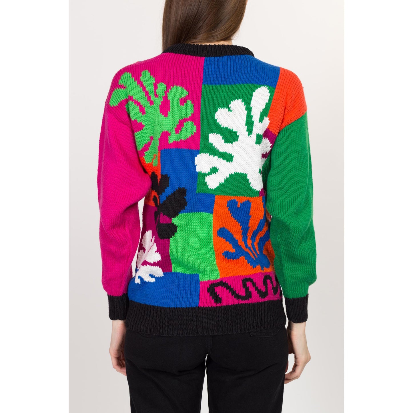 Small 90s Matisse Paper Cut-Outs Color Block Knit Sweater | Vintage Colorful Cotton Pullover Sweater