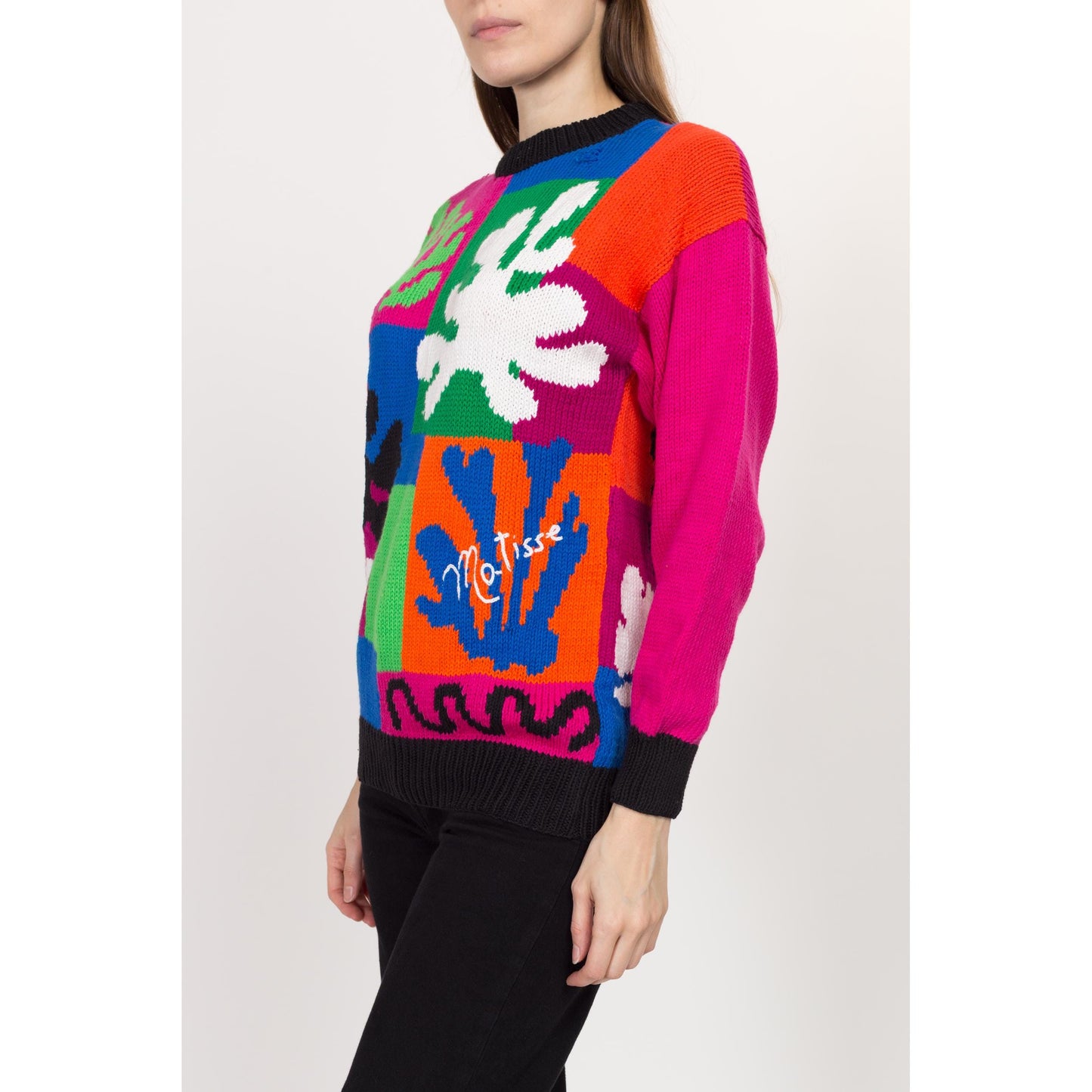 Small 90s Matisse Paper Cut-Outs Color Block Knit Sweater | Vintage Colorful Cotton Pullover Sweater