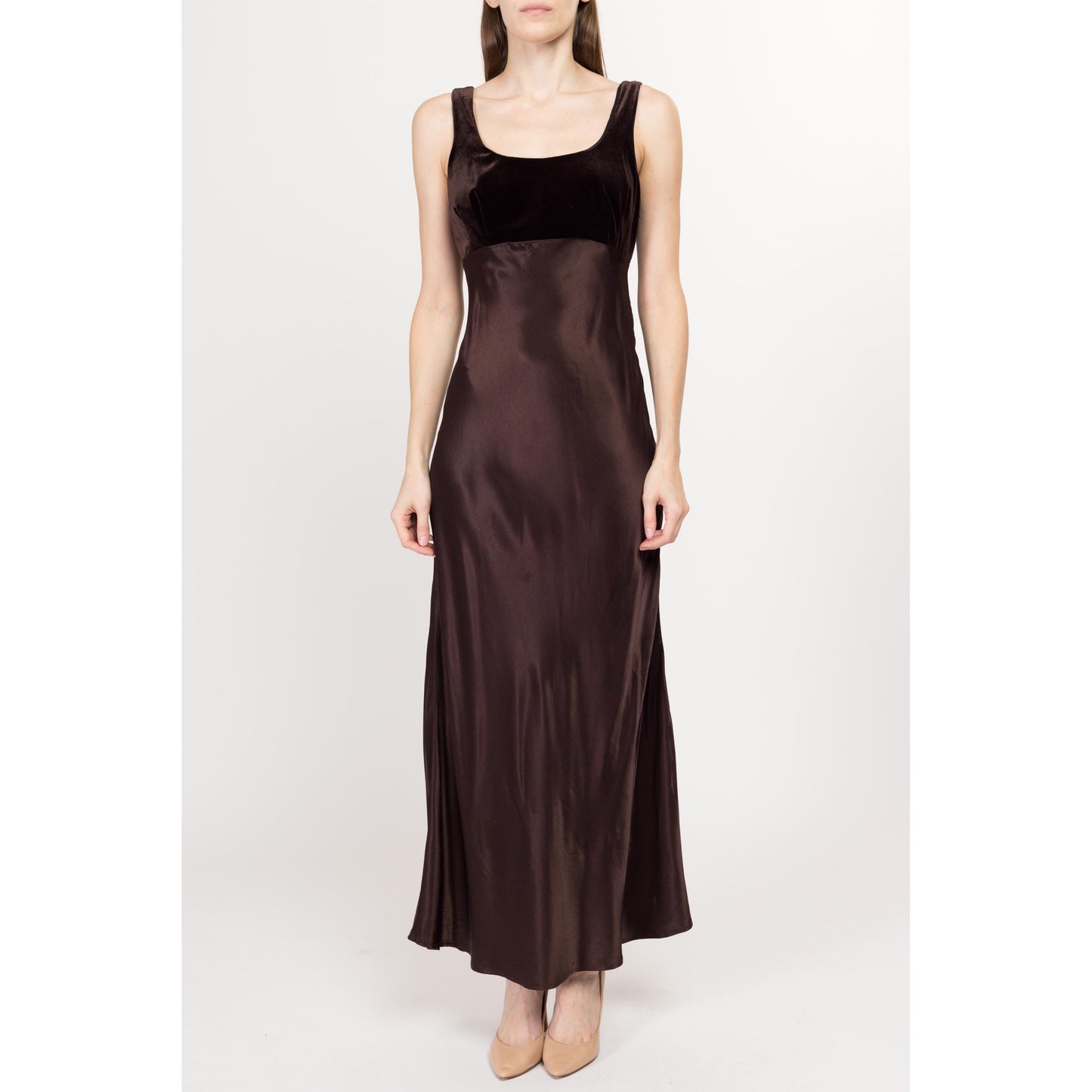 Sm-Med 90s Rampage Chocolate Brown Low Back Lace Up Maxi Party Dress Size 7 | Vintage Velvet Satin Bias Cut A Line Formal Gown