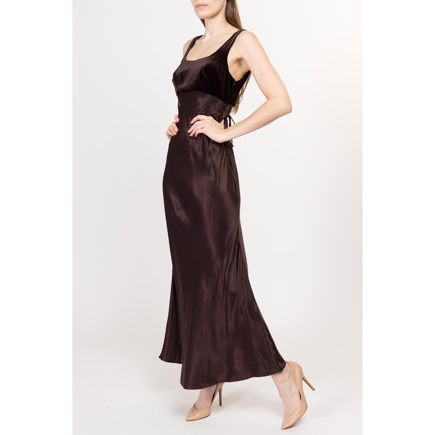 Sm-Med 90s Rampage Chocolate Brown Low Back Lace Up Maxi Party Dress Size 7 | Vintage Velvet Satin Bias Cut A Line Formal Gown
