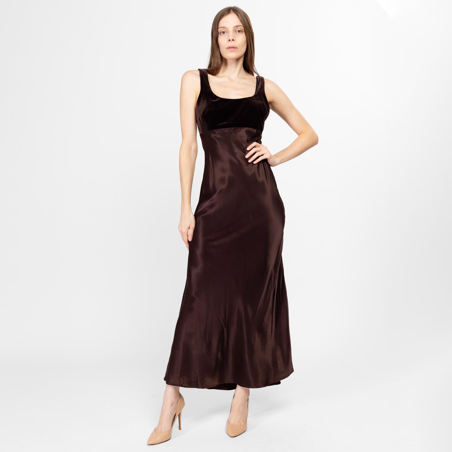 Sm-Med 90s Rampage Chocolate Brown Low Back Lace Up Maxi Party Dress Size 7 | Vintage Velvet Satin Bias Cut A Line Formal Gown