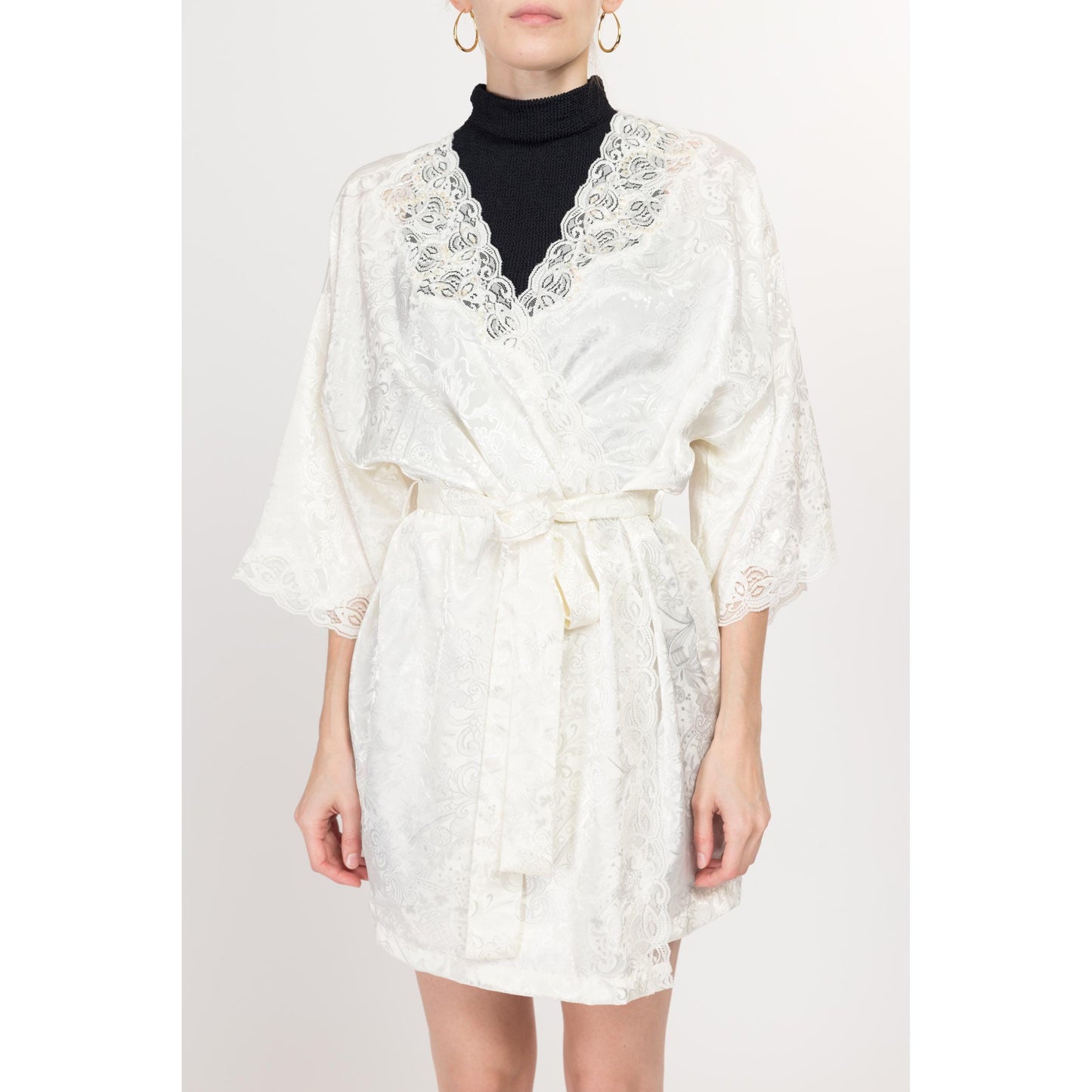 One Size 90s Victoria's Secret White Lace & Beaded Trim Robe | Vintage Boho Jacquard Dressing Gown Mini Loungewear Bridal Kimono