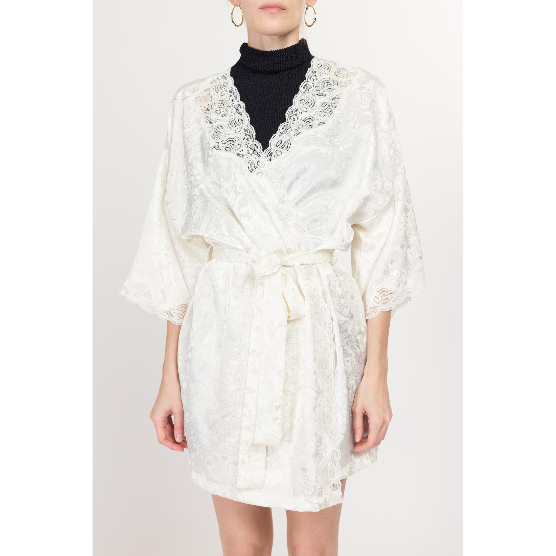 One Size 90s Victoria's Secret White Lace & Beaded Trim Robe | Vintage Boho Jacquard Dressing Gown Mini Loungewear Bridal Kimono