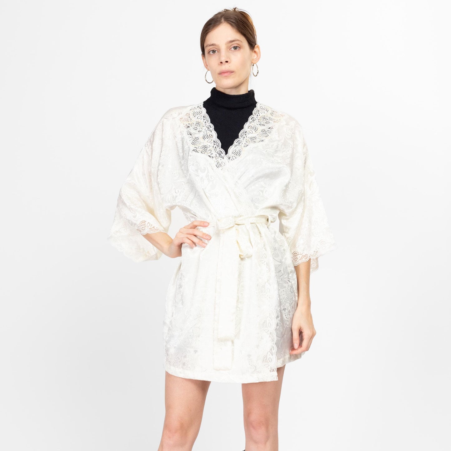 One Size 90s Victoria's Secret White Lace & Beaded Trim Robe | Vintage Boho Jacquard Dressing Gown Mini Loungewear Bridal Kimono