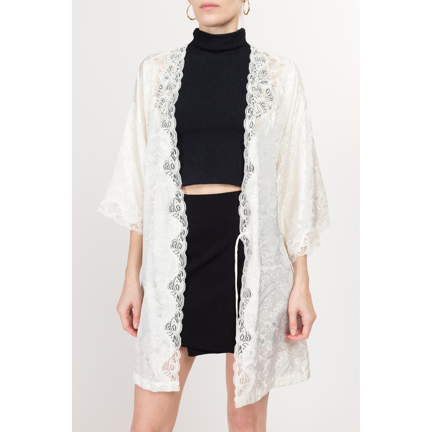 One Size 90s Victoria's Secret White Lace & Beaded Trim Robe | Vintage Boho Jacquard Dressing Gown Mini Loungewear Bridal Kimono