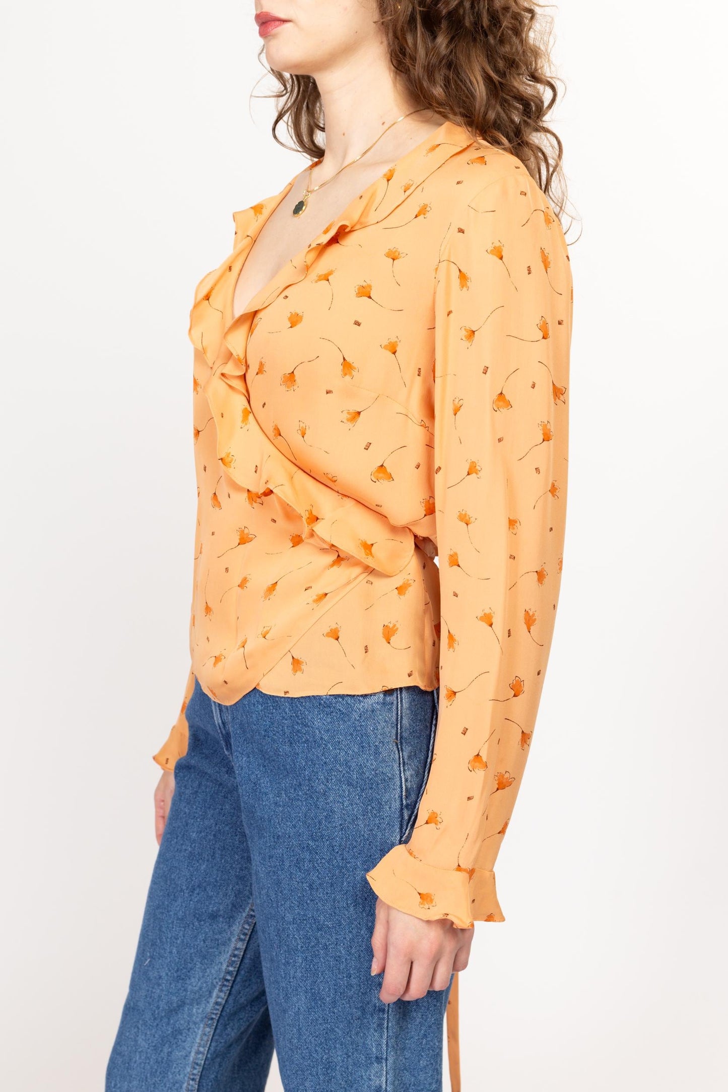 Medium 90s Orange Silk Windy Floral Wrap Blouse Size 10 | Vintage Long Sleeve Ruffle Trim Top