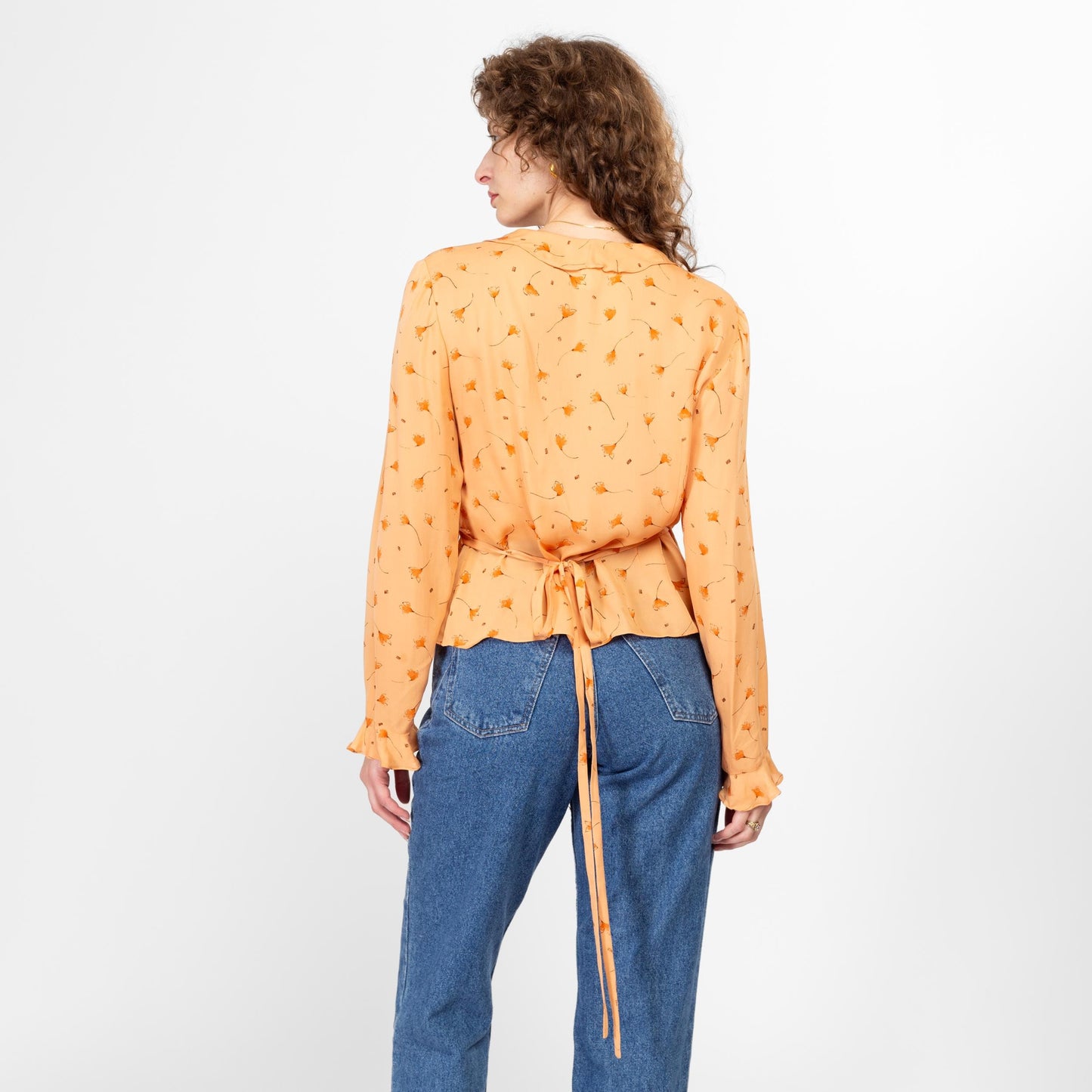 Medium 90s Orange Silk Windy Floral Wrap Blouse Size 10 | Vintage Long Sleeve Ruffle Trim Top