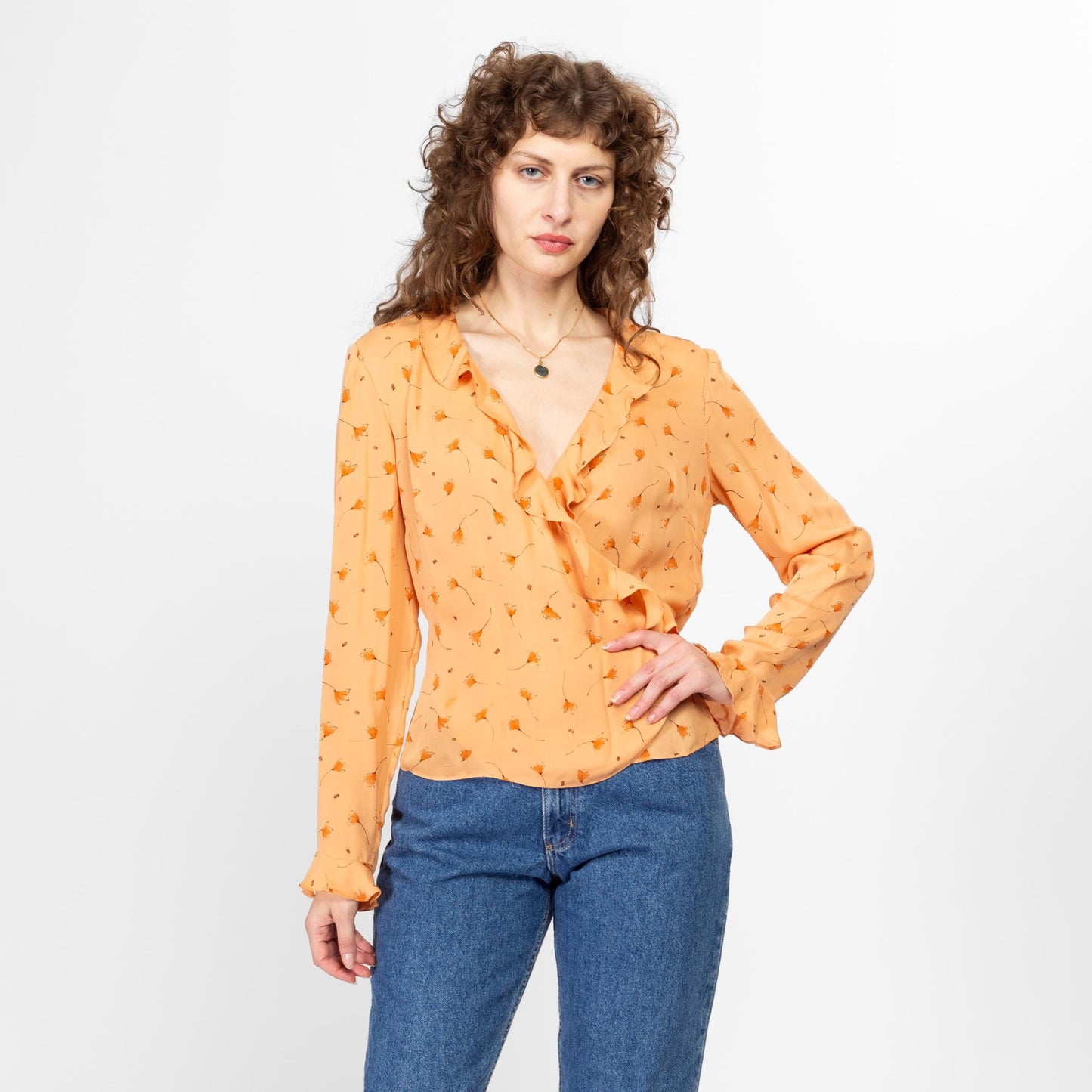 Medium 90s Orange Silk Windy Floral Wrap Blouse Size 10 | Vintage Long Sleeve Ruffle Trim Top