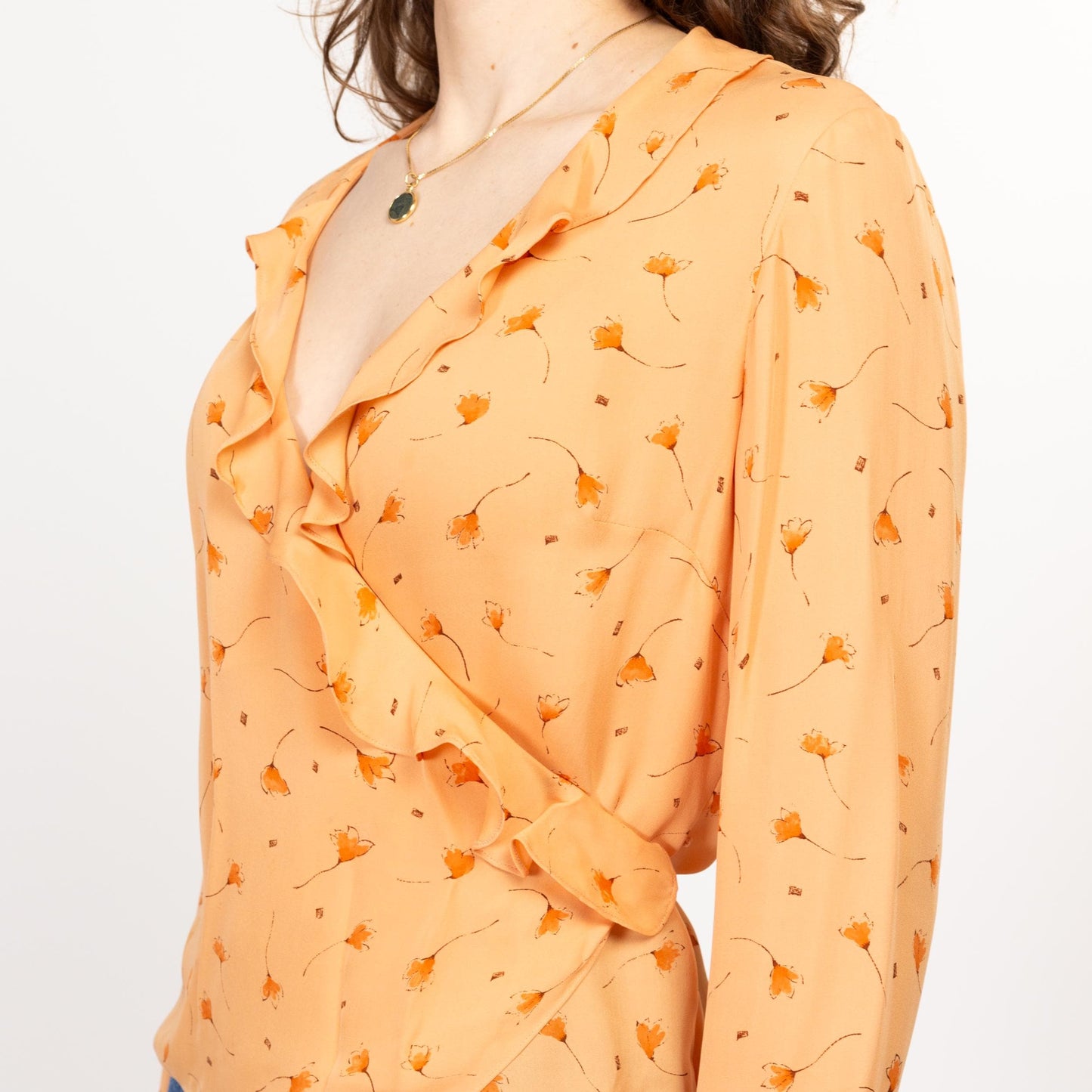 Medium 90s Orange Silk Windy Floral Wrap Blouse Size 10 | Vintage Long Sleeve Ruffle Trim Top